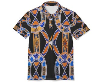 Abstraktes geometrisches Stammes- Muster Polo-Shirt | Kräftige blau orange Kreise