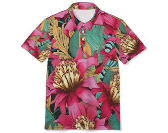 Tropisches rosa Blumengarten-Poloshirt | Allover-Druck