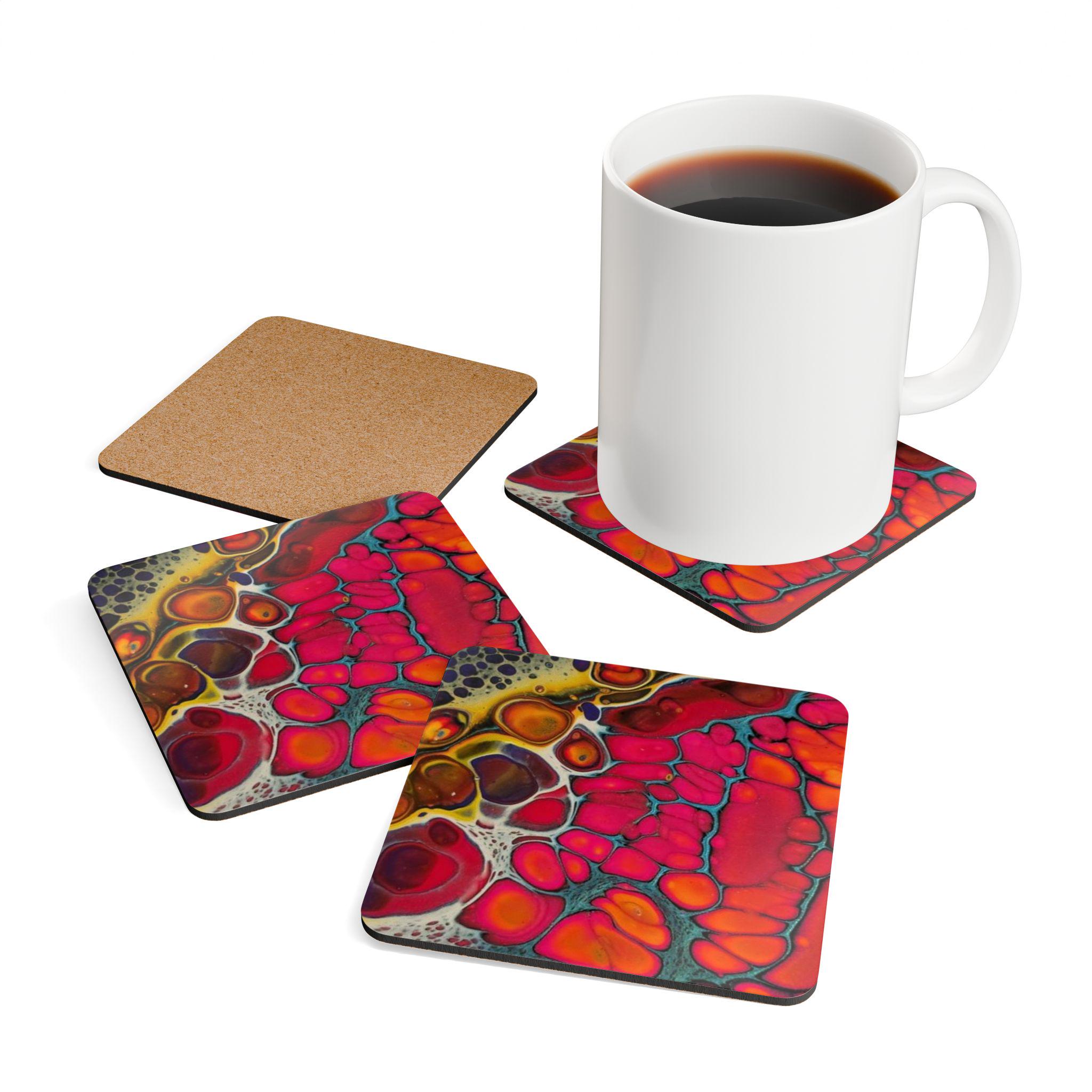 Abstract Fluid Art Coaster Corkwood Coaster Set | Bright Red Orange Cells