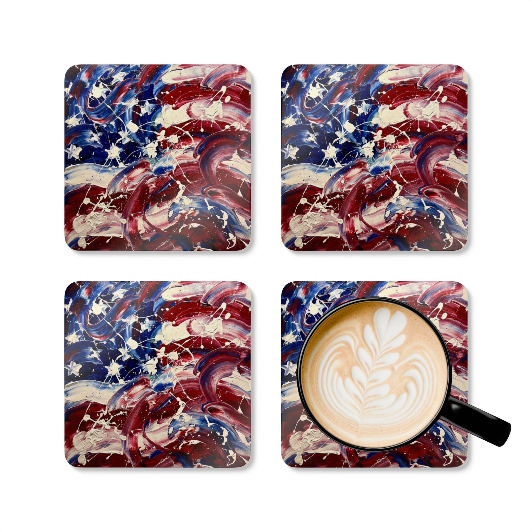 Abstract American Flag Cork Coaster Set | Patriotic Red White Blue Coasters