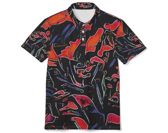 Abstraktes Neon Blumen Poloshirt | Rot Schwarz Blau All-Over Print
