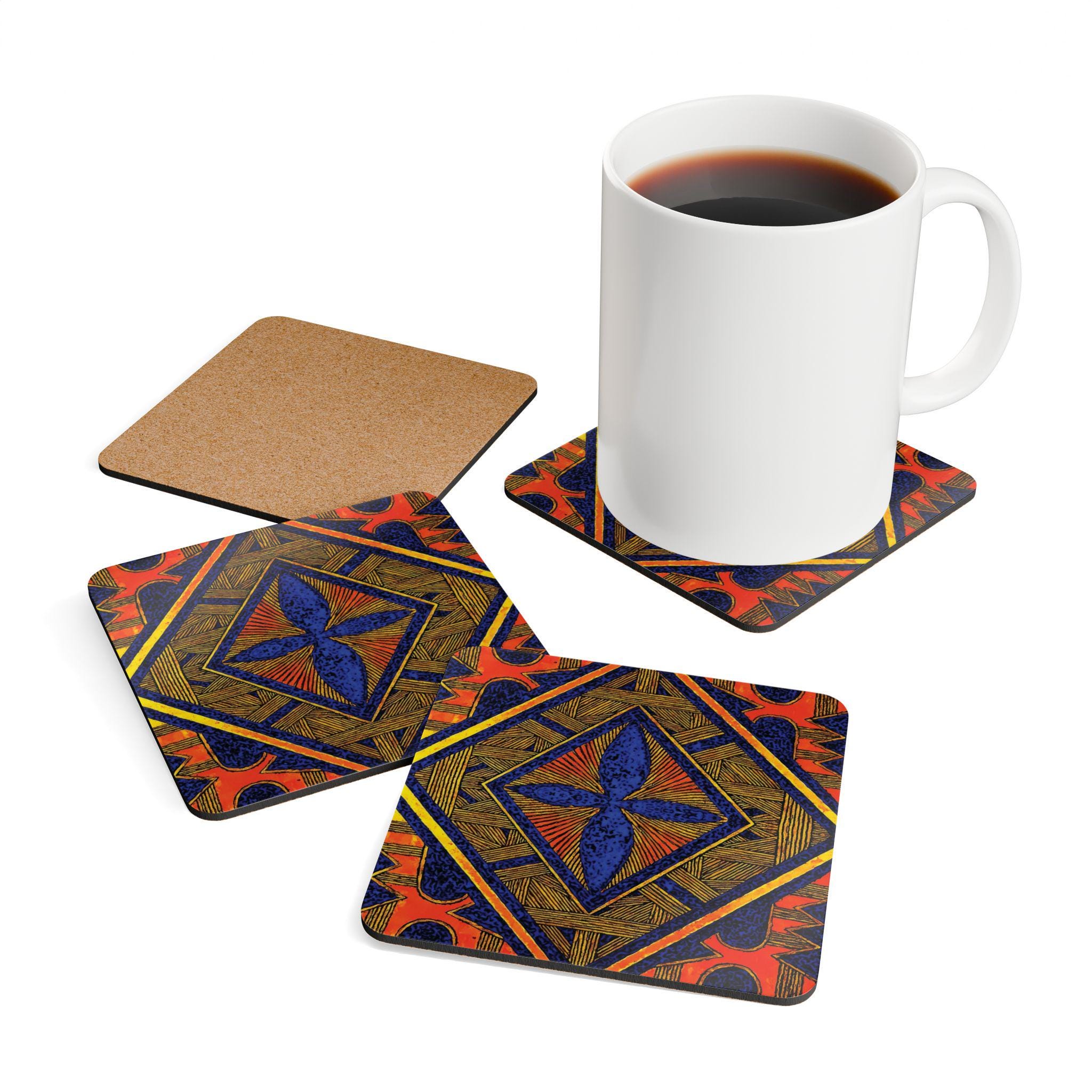Geometric Tribal Tile Corkwood Coaster Set | Boho Aztec Pattern