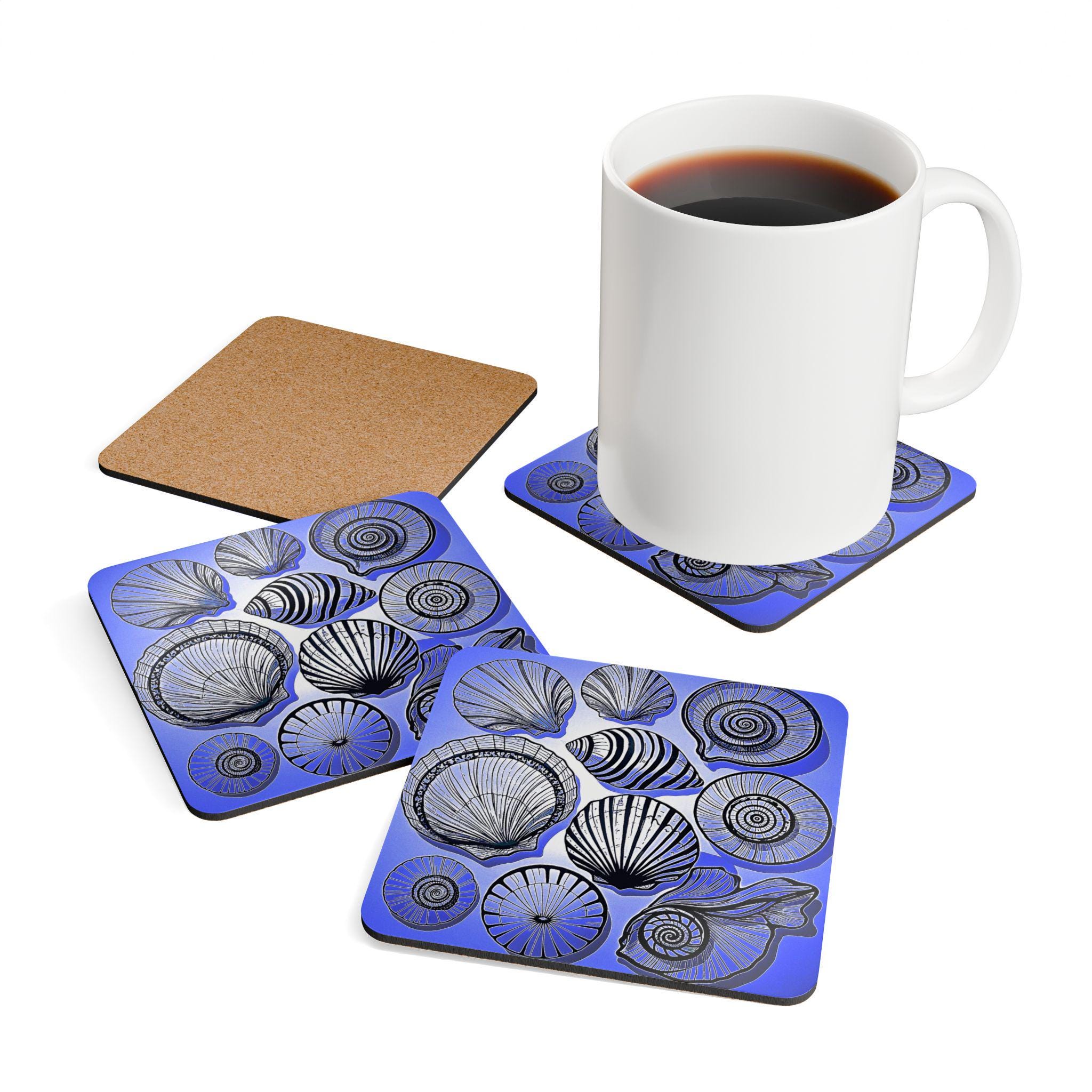 Blue Seashell Illustration Cork Coaster Set | Beach Shells Drink Coasters