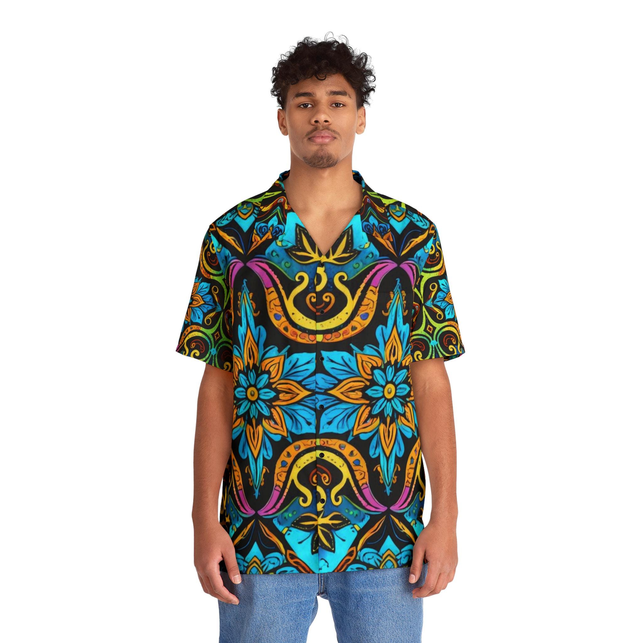 Blue Floral Mosaic Hawaiian Shirt | Tropical AOP Pattern