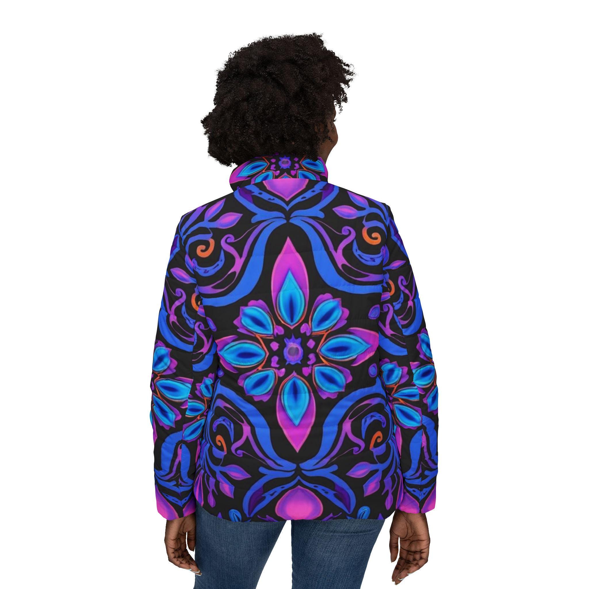 Bright Floral Allover Print Womens Puffer Jacket | Colorful Botanical Pattern