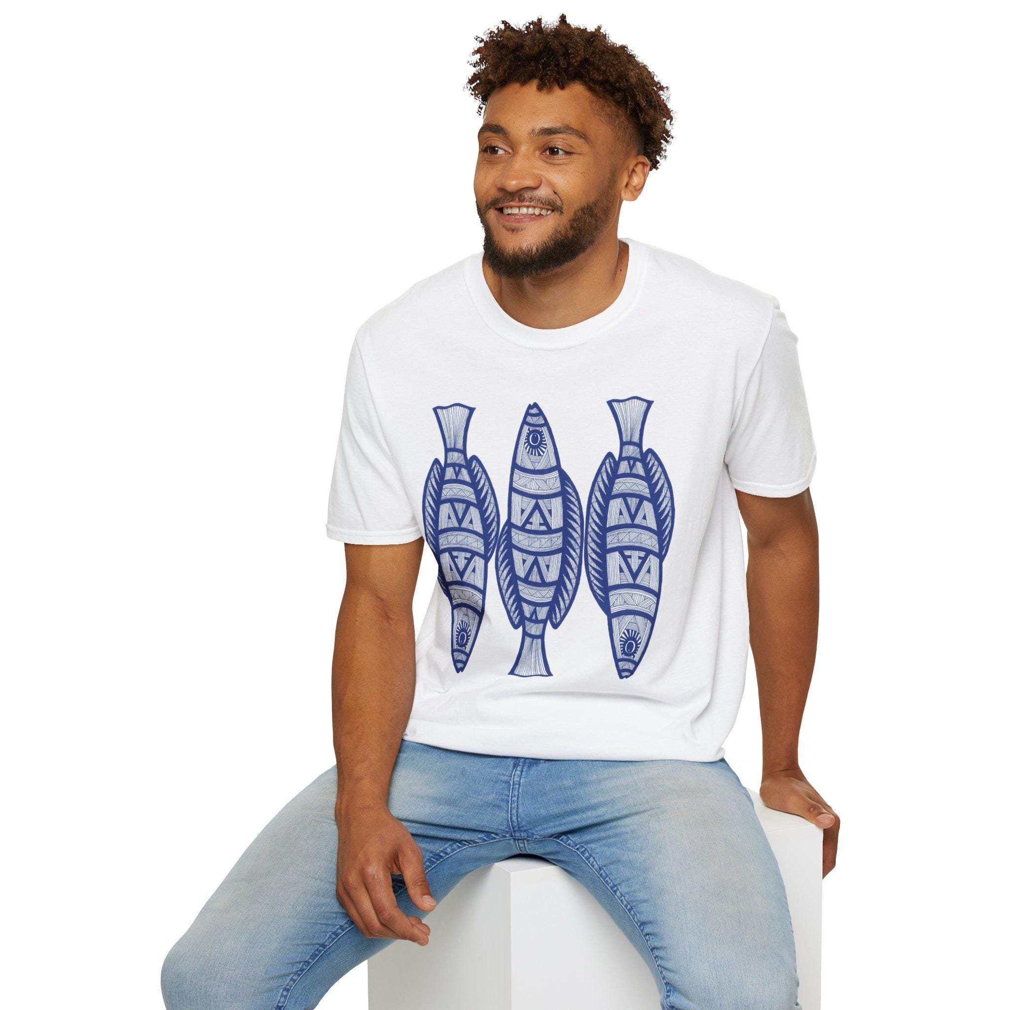 Tribal Blue Fish Illustration T-Shirt | Nautical Coastal Pattern