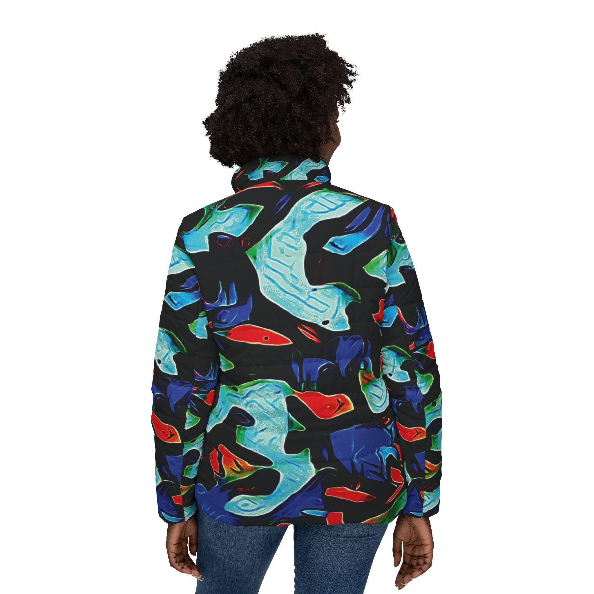 Abstract Ocean Waves Women’s Puffer Jacket — Colorful All-Over Print