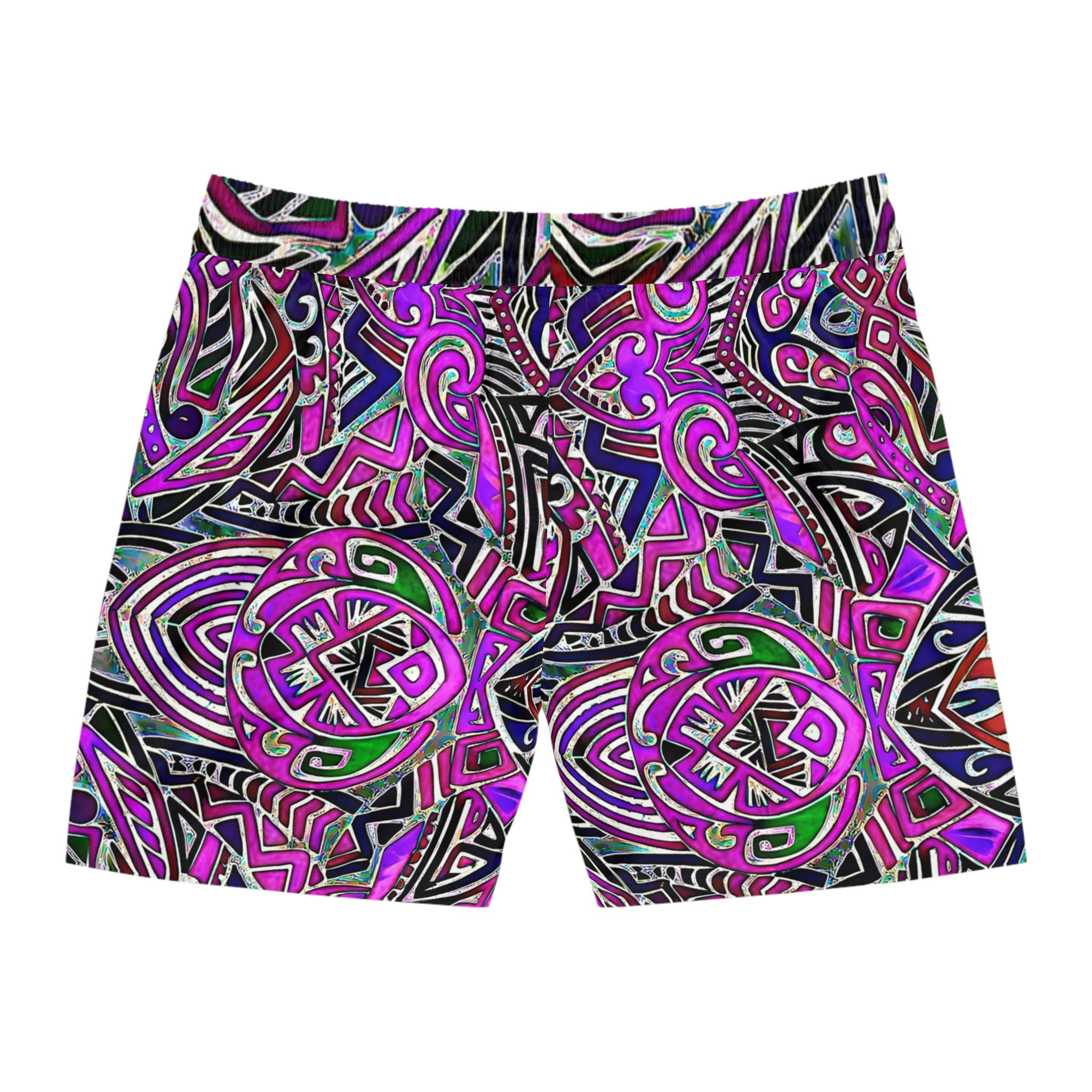 Neon Tribal Geometric Print Swim Shorts | Men's Mid-Length