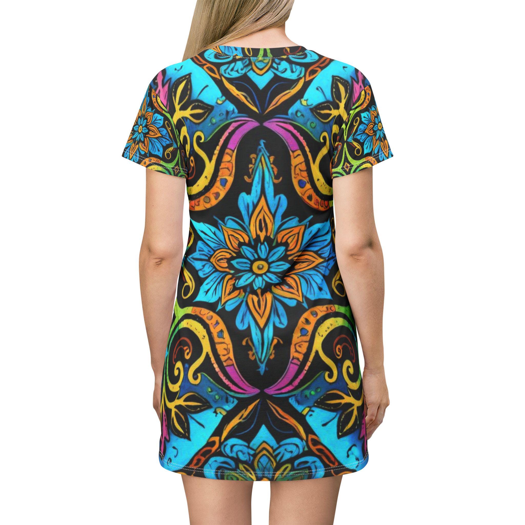 Colorful Floral Mandala T-Shirt Dress | Boho Kaleidoscope Print