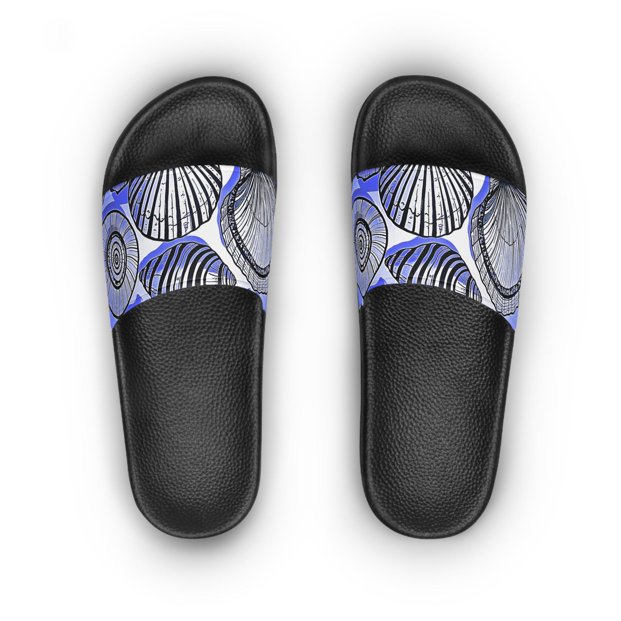 Nautical Seashell Pattern Slide Sandals | Blue Shell Graphic Slides