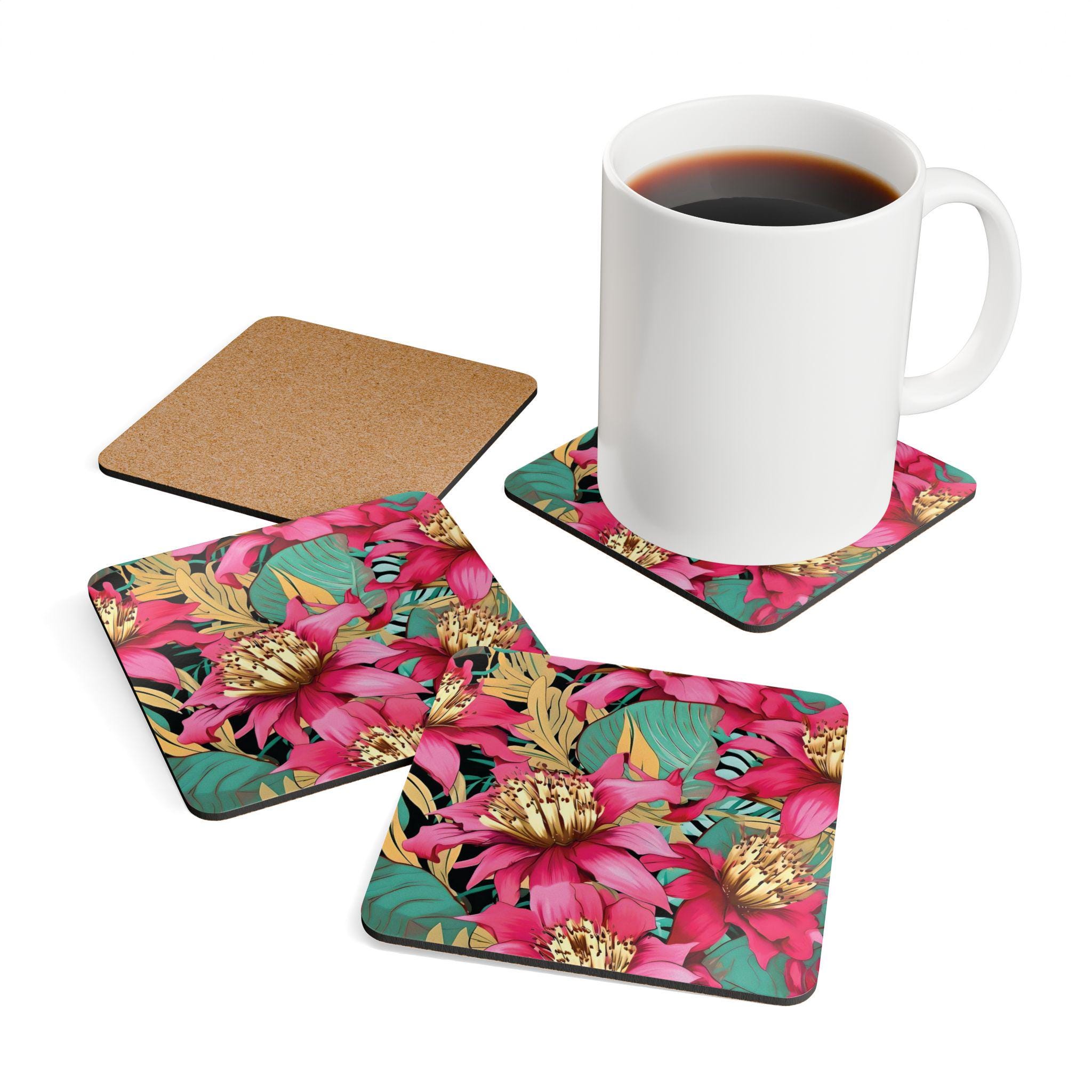 Pink Tropical Floral Cork Coaster Set | Square Corkwood Coasters