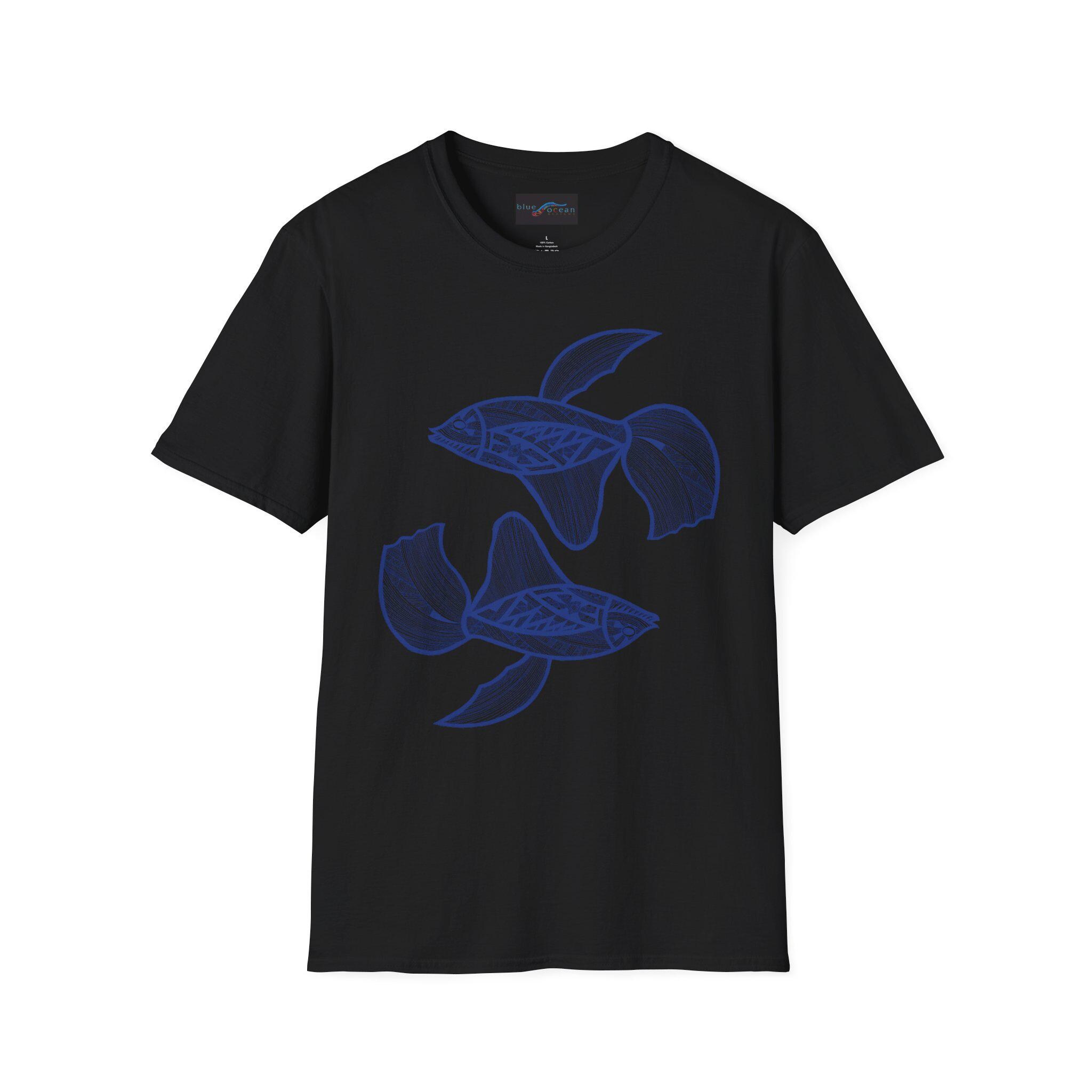 Hand-Drawn Koi Fish Illustration T-Shirt | Blue Line Art, Minimalist Aquatic