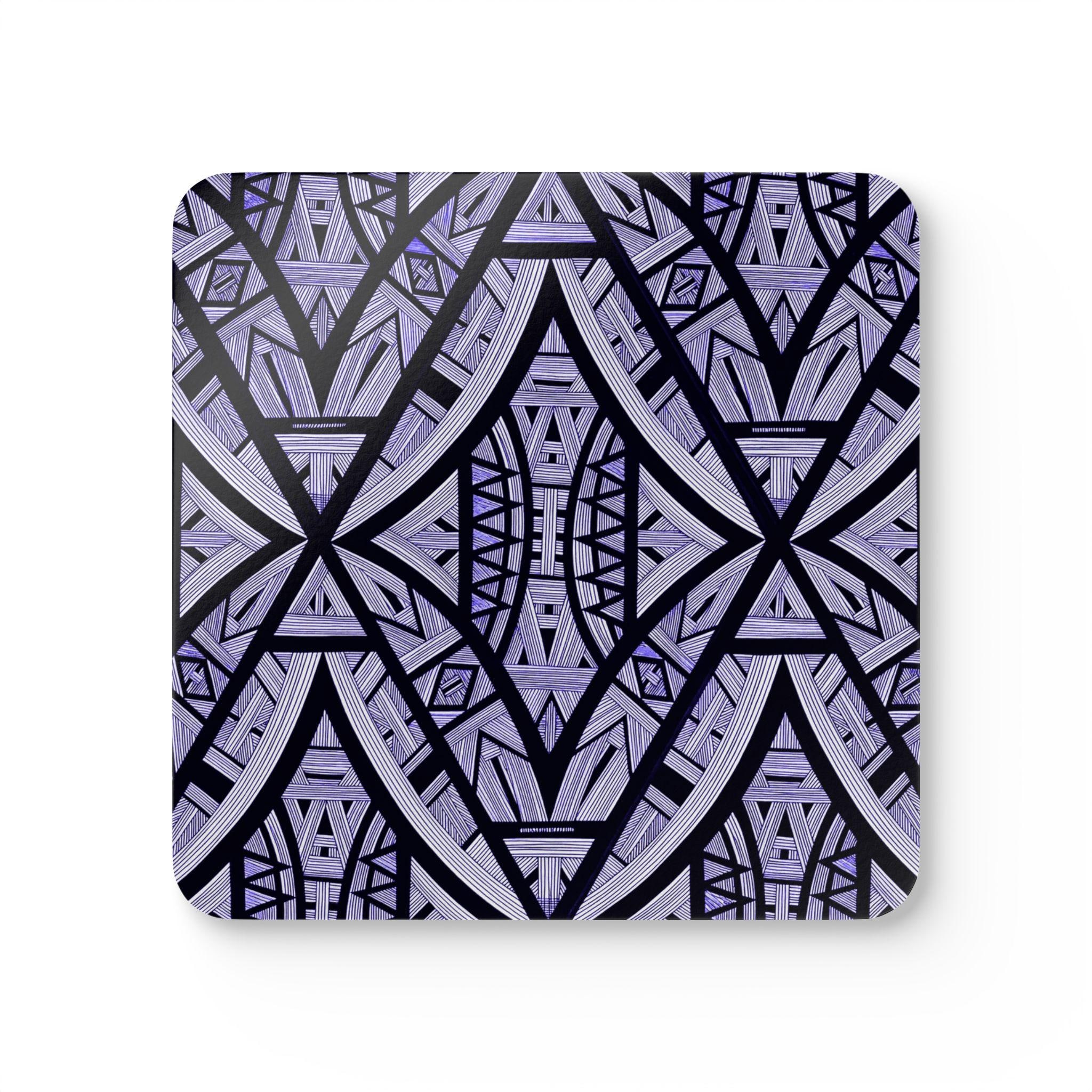 Geometric Tribal Pattern Corkwood Coaster Set | Purple Aztec Tiles