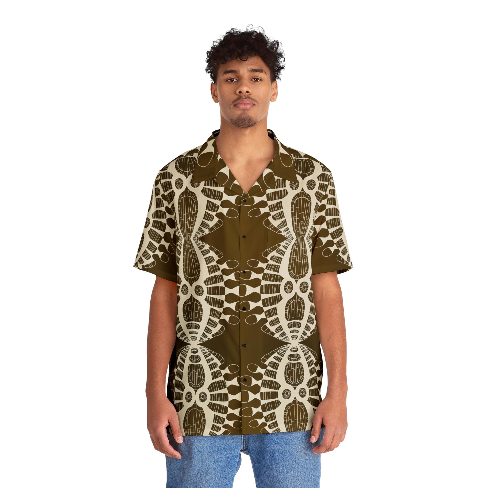 Tribal Geometric Pattern Hawaiian Shirt - Brown AOP