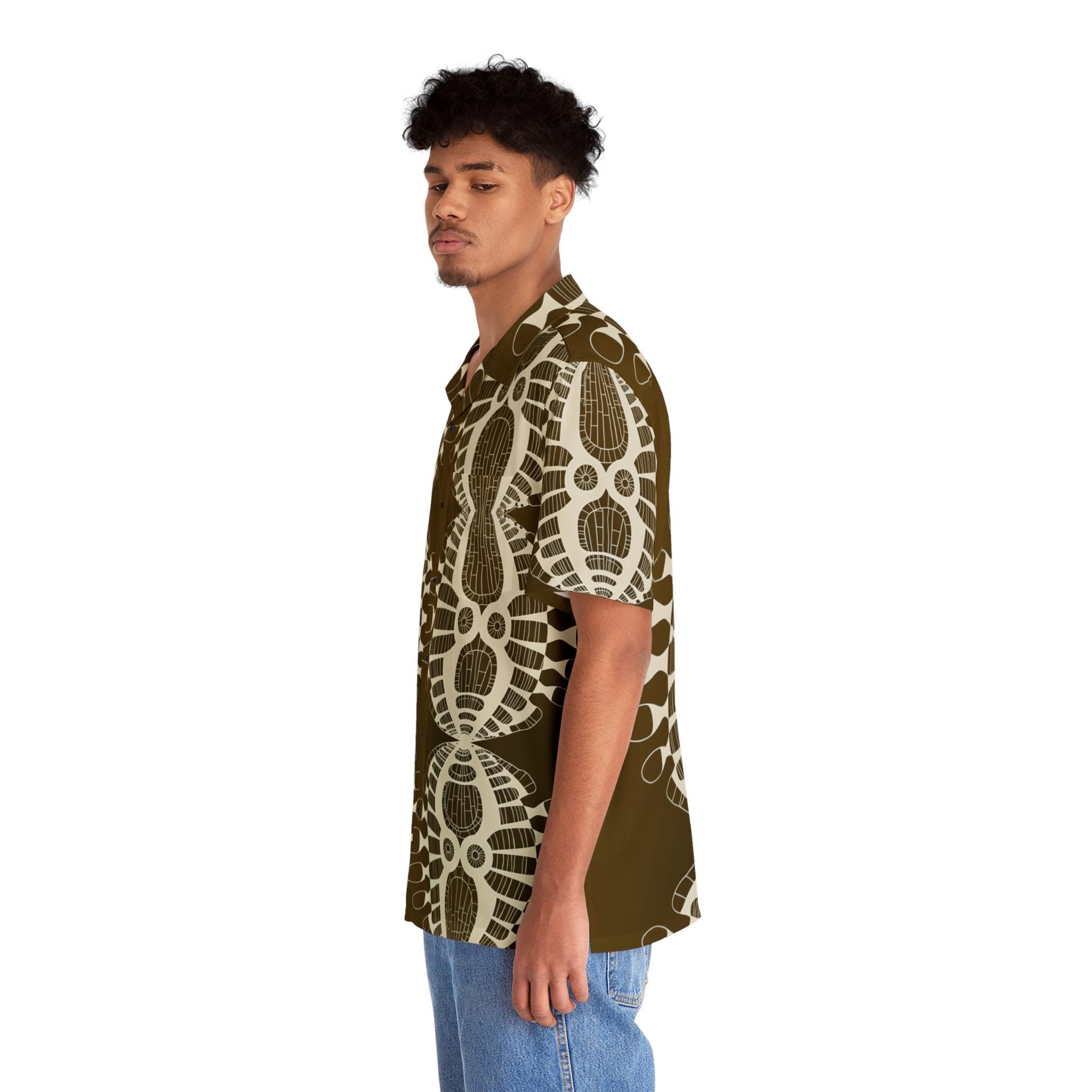 Tribal Geometric Pattern Hawaiian Shirt - Brown AOP