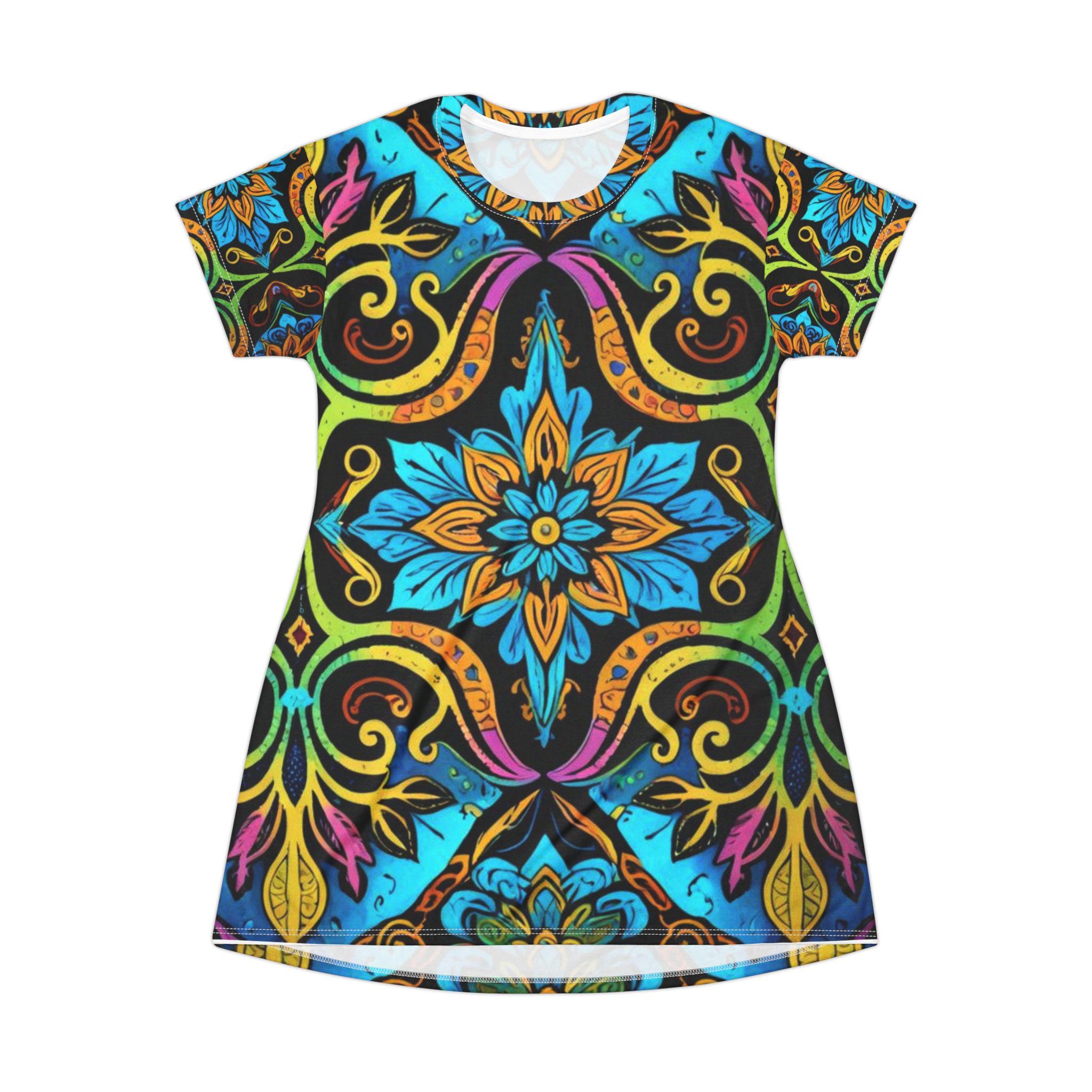 Colorful Floral Mandala T-Shirt Dress | Boho Kaleidoscope Print