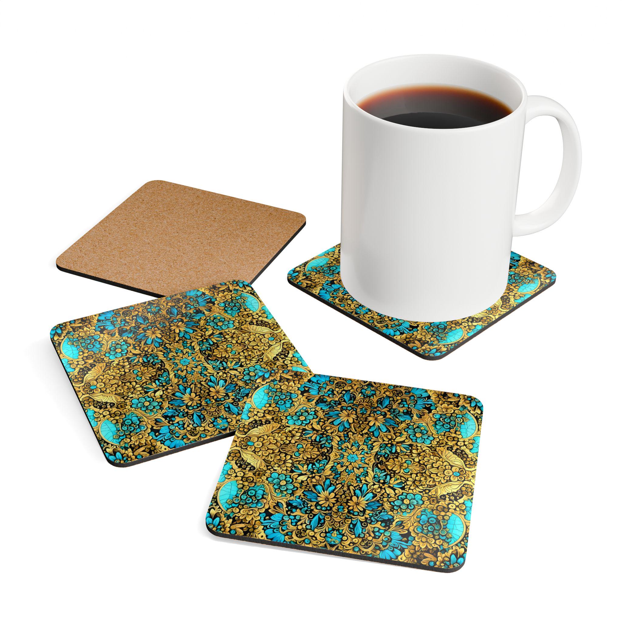 Teal Gold Floral Mandala Cork Coaster