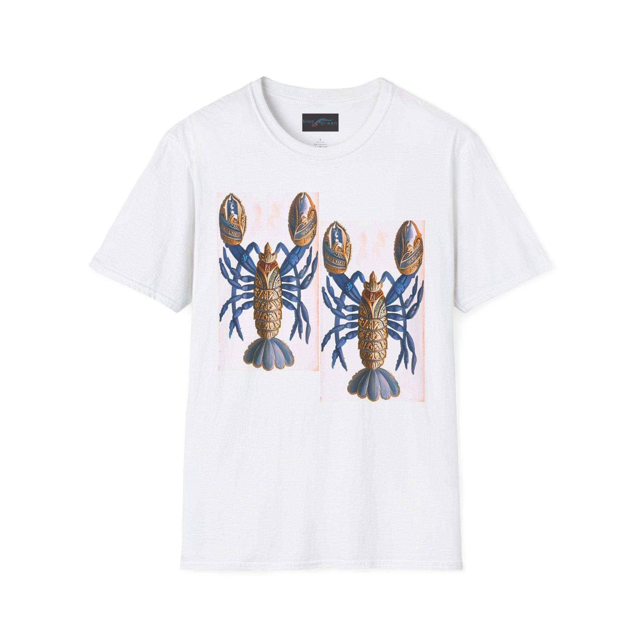 Blue Gold Lobster Illustration T-Shirt | Coastal Nautical Sea Life