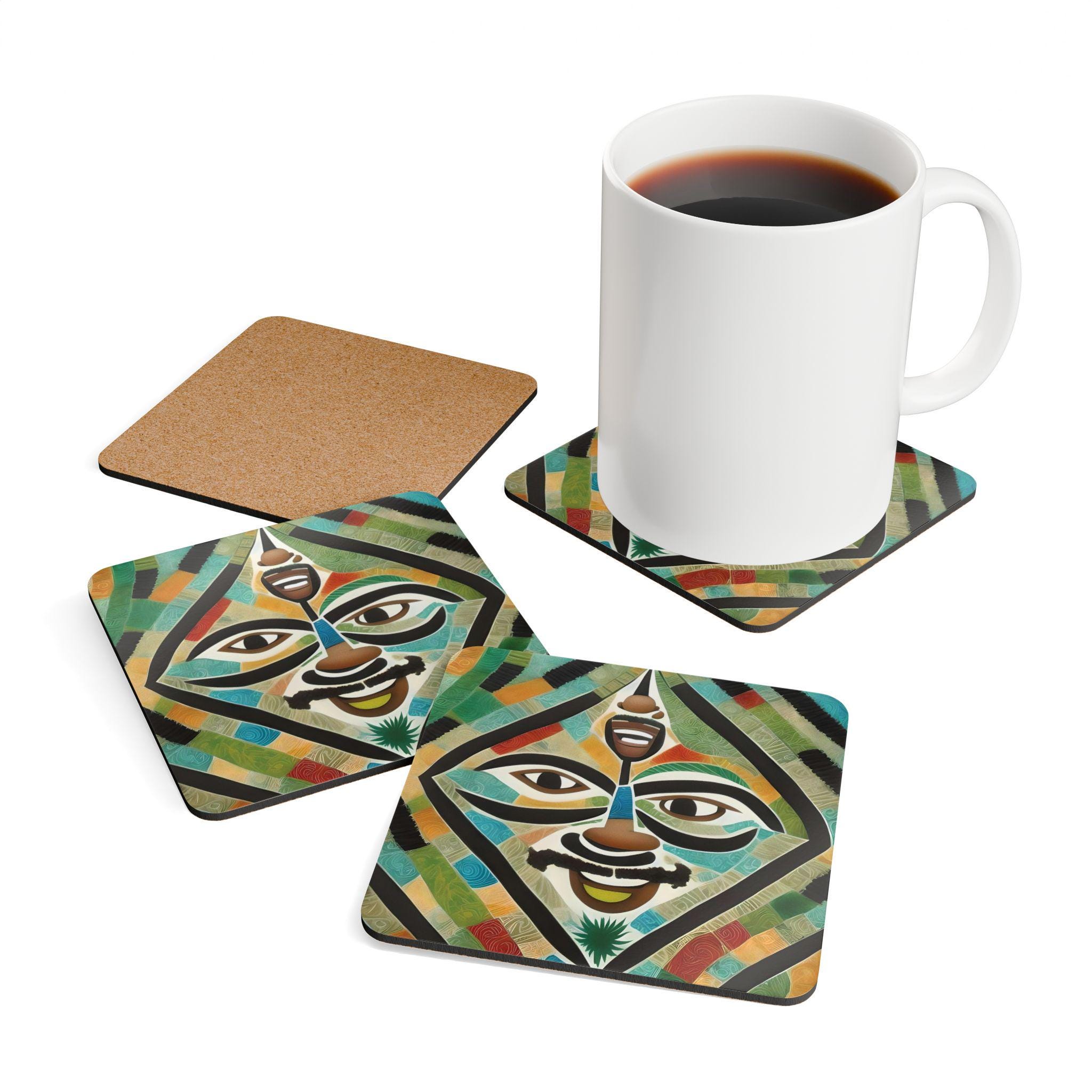 Abstract Tribal Mask Corkwood Coaster Set | Colorful Geometric Art