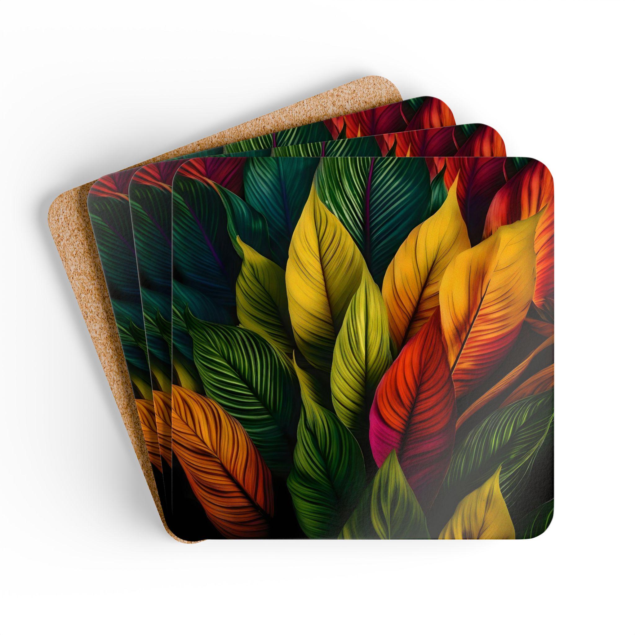 Colorful Tropical Leaves Corkwood Coaster Set | Botanical Drink Coasters