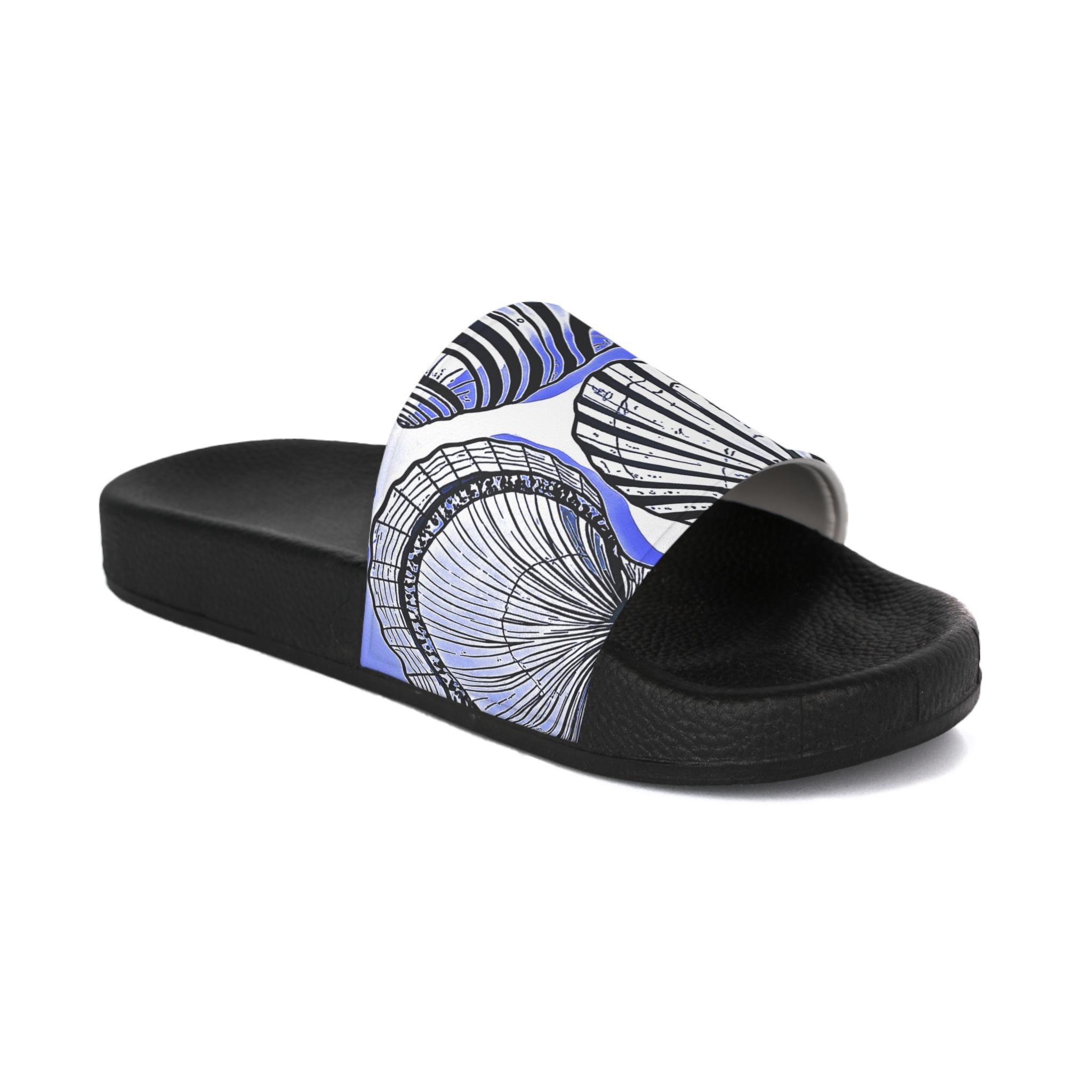 Nautical Seashell Pattern Slide Sandals | Blue Shell Graphic Slides