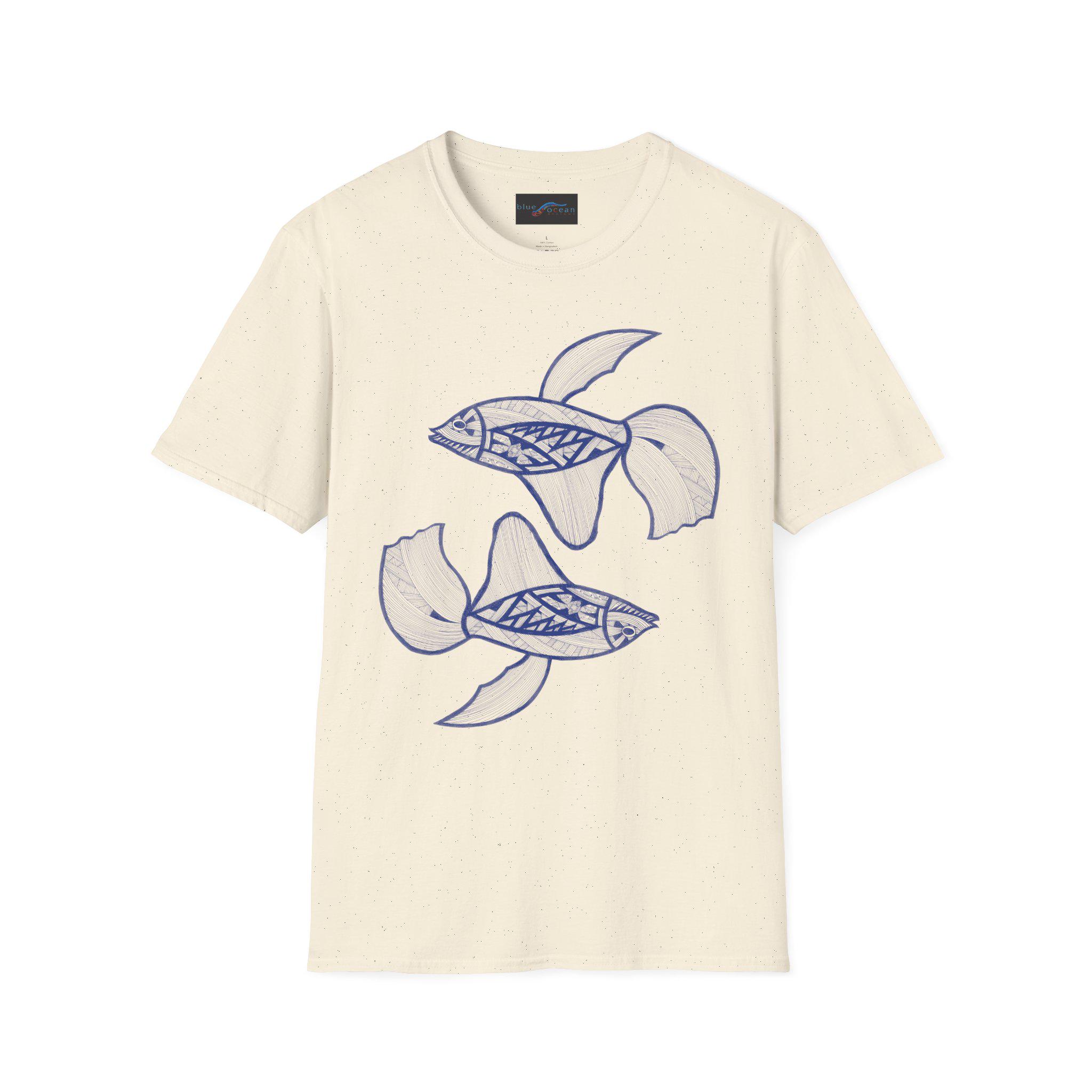 Hand-Drawn Koi Fish Illustration T-Shirt | Blue Line Art, Minimalist Aquatic