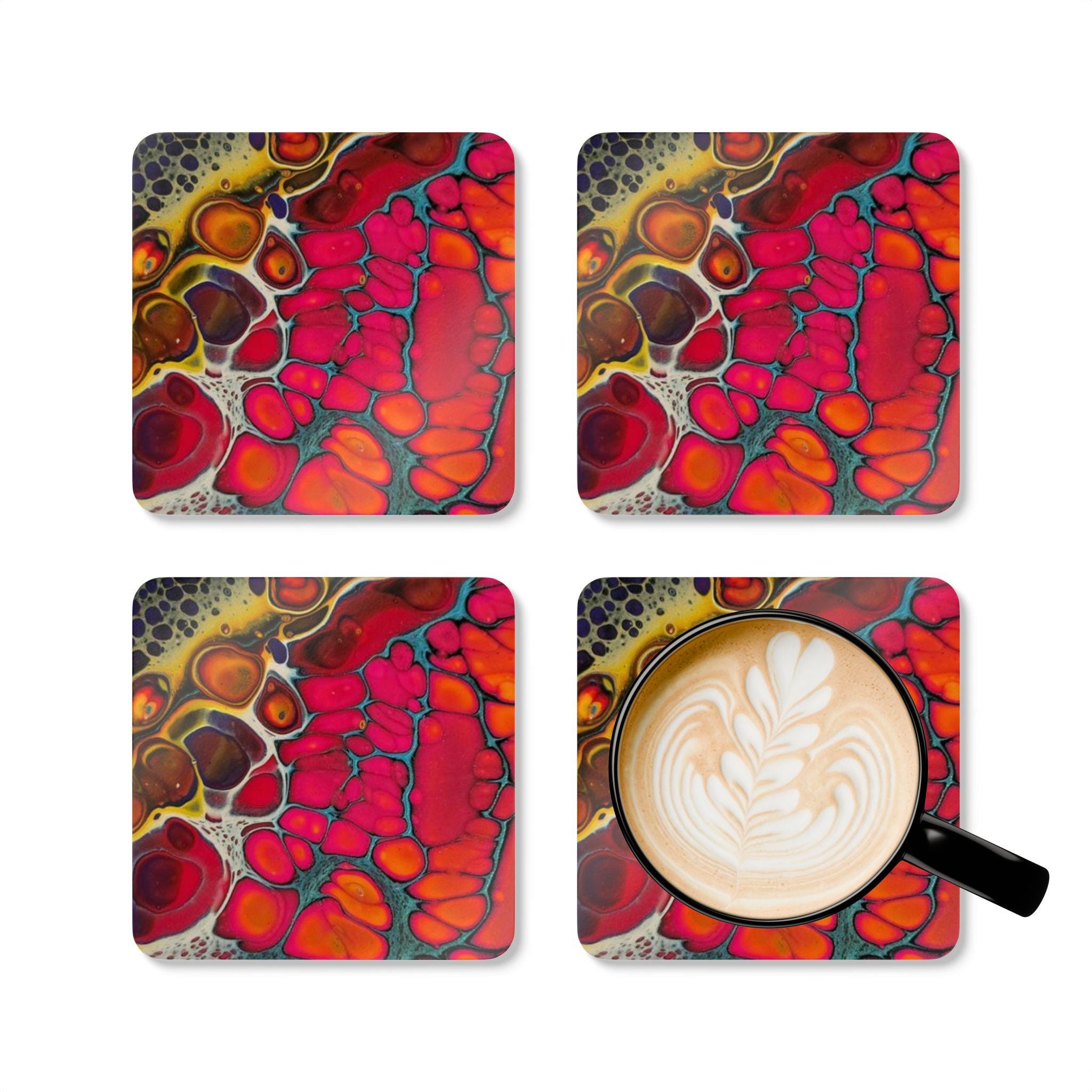 Abstract Fluid Art Coaster Corkwood Coaster Set | Bright Red Orange Cells