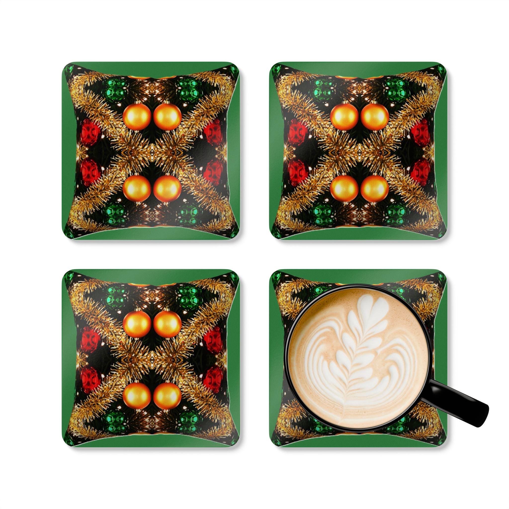 Christmas Ornaments Kaleidoscope Corkwood Coaster Set | Holiday Table Decor