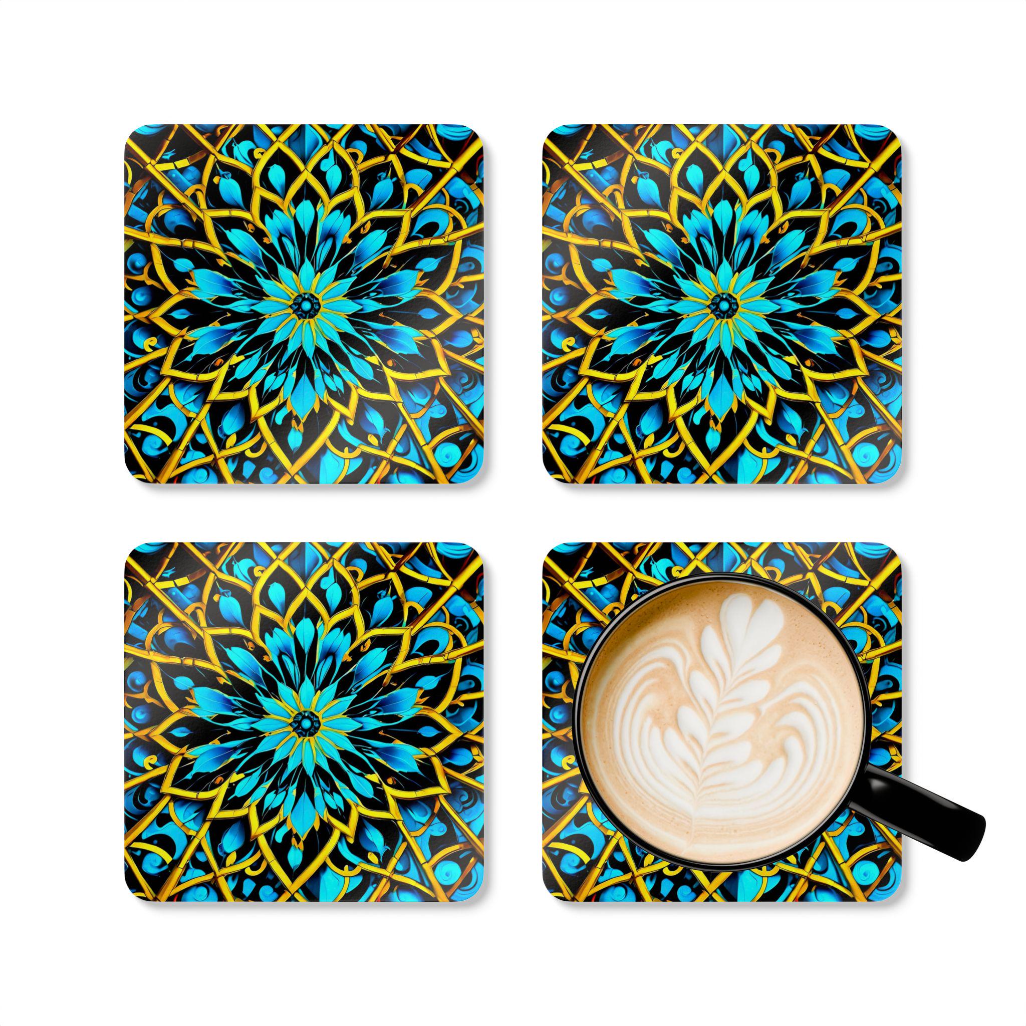 Teal Gold Mandala Corkwood Coaster Set | Floral Geometric Drink Coaster