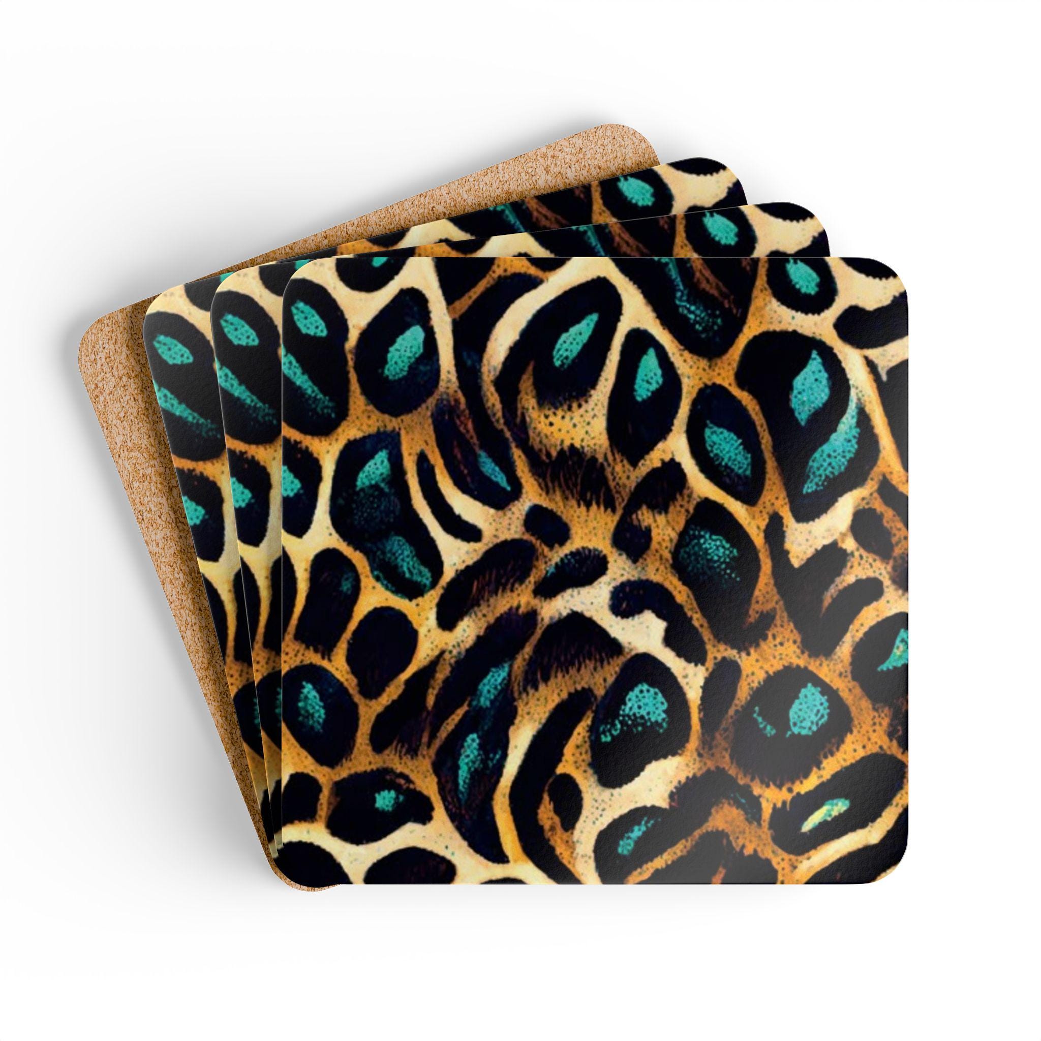 Teal Leopard Print Cork Coaster Set | Animal Print Drink Coasters