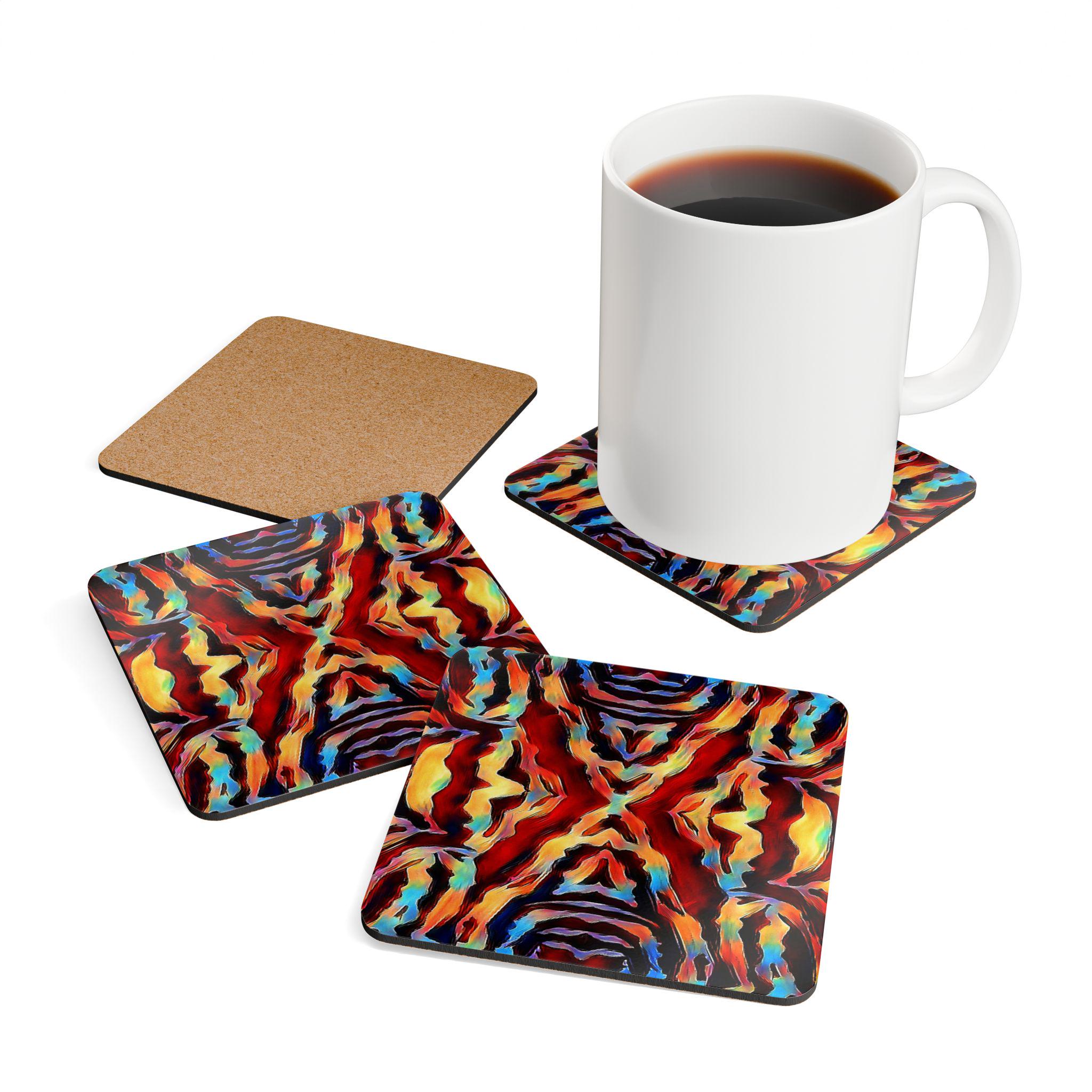 Abstract Kaleidoscope Pattern Cork Coaster Set | Colorful Geometric Drink Coasters