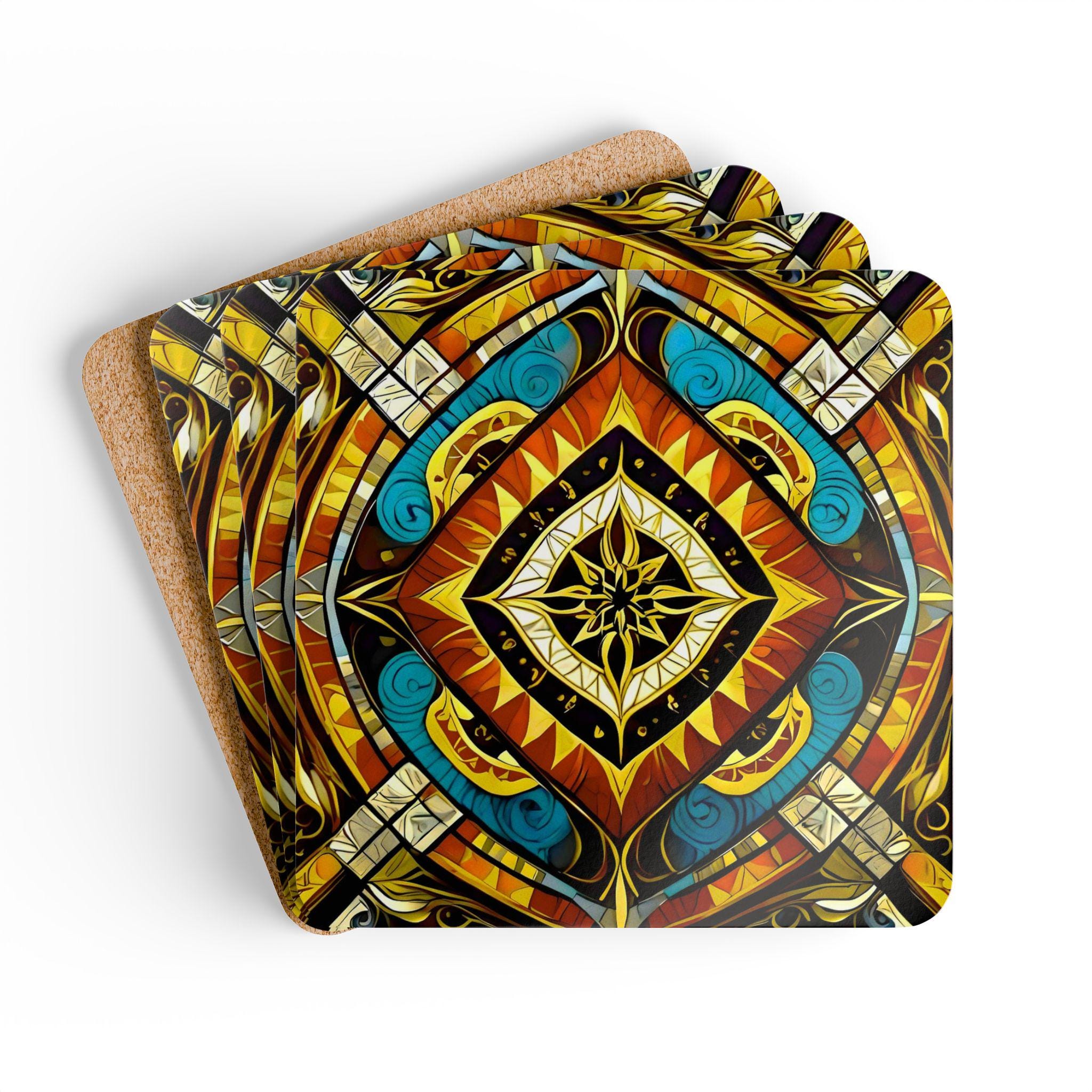 Geometric Boho Mandala Corkwood Coasters | Tribal Tile Drink Coaster Set