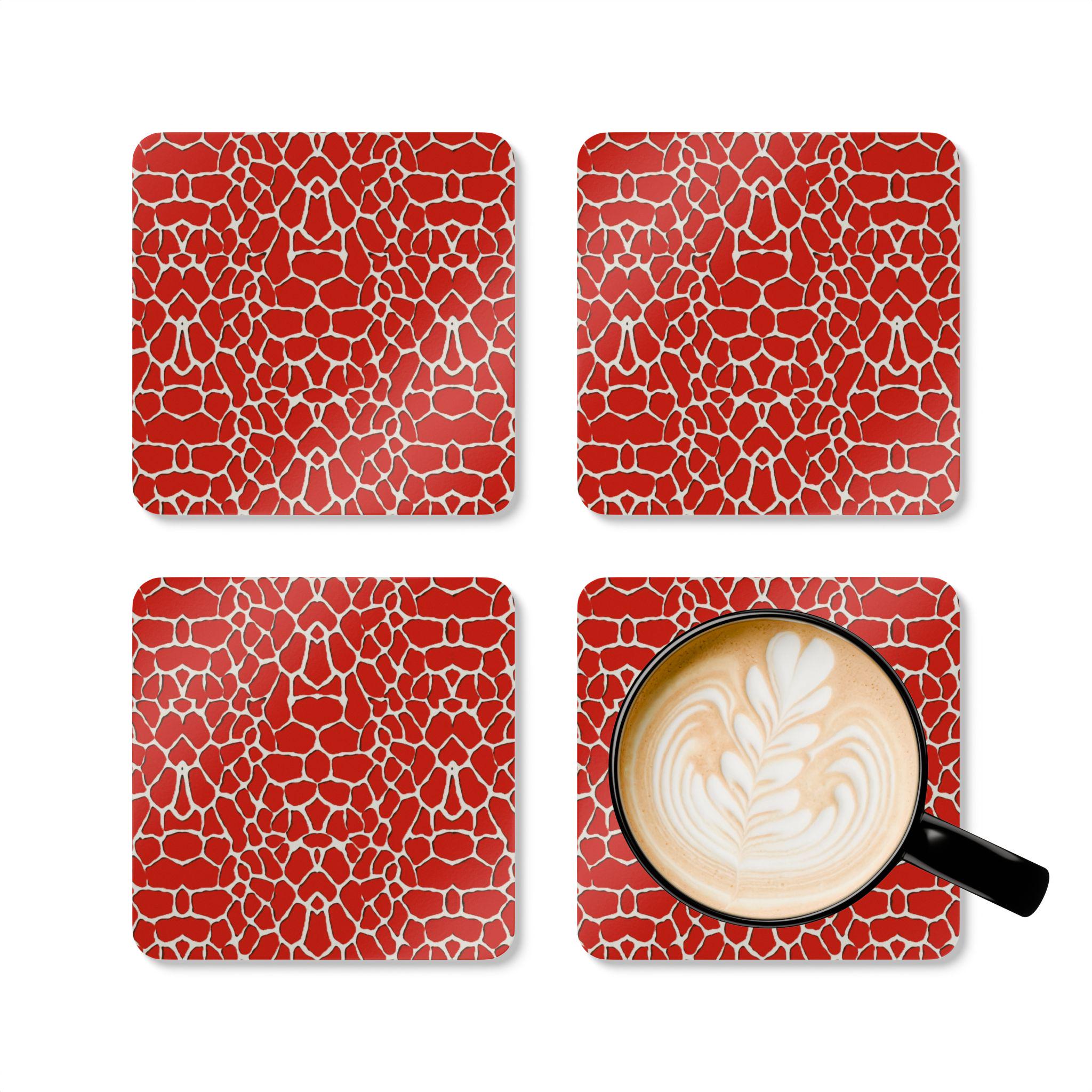 Red Giraffe Print Cork Coaster Set | Animal Pattern Drink Coasters