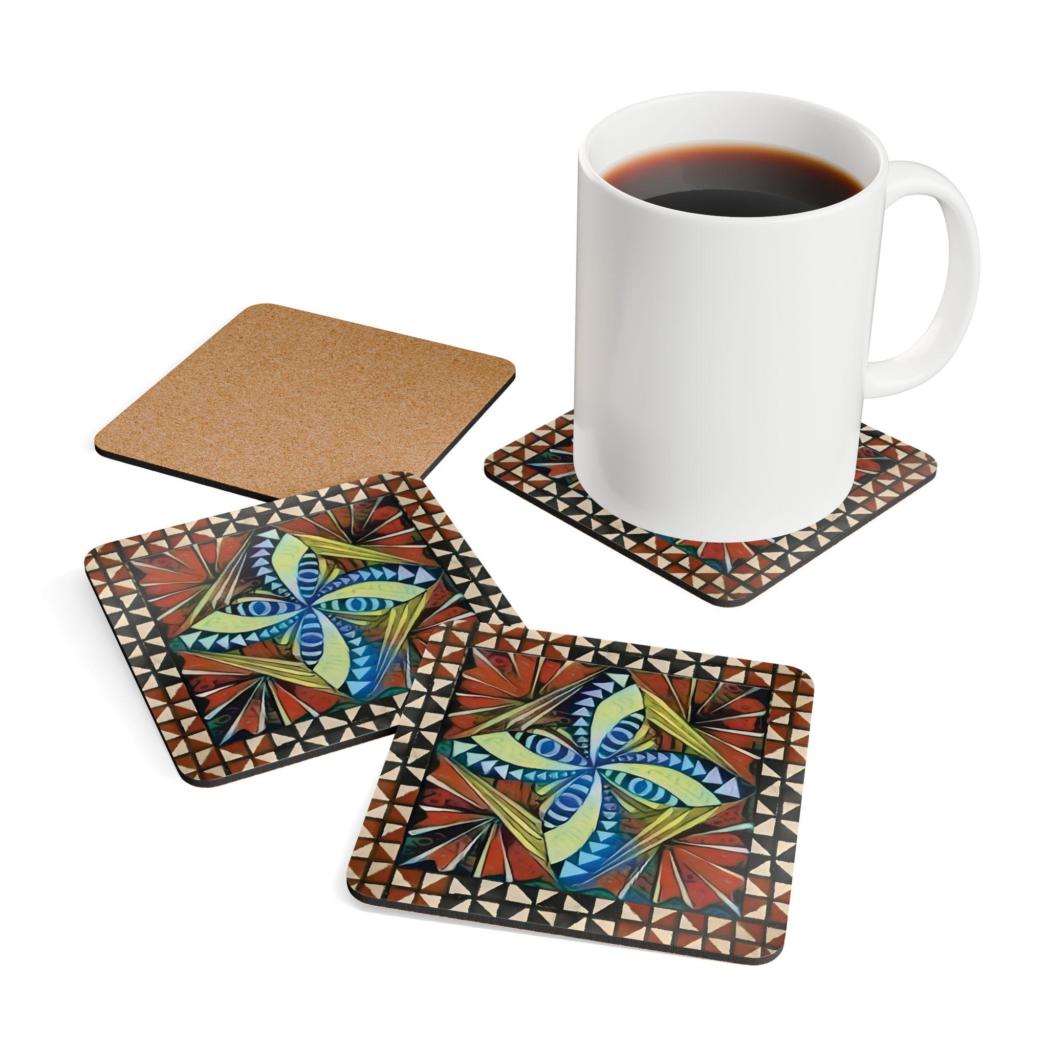 Polynesian pattern Cork Coaster Set | Colorful Tribal Tile Design
