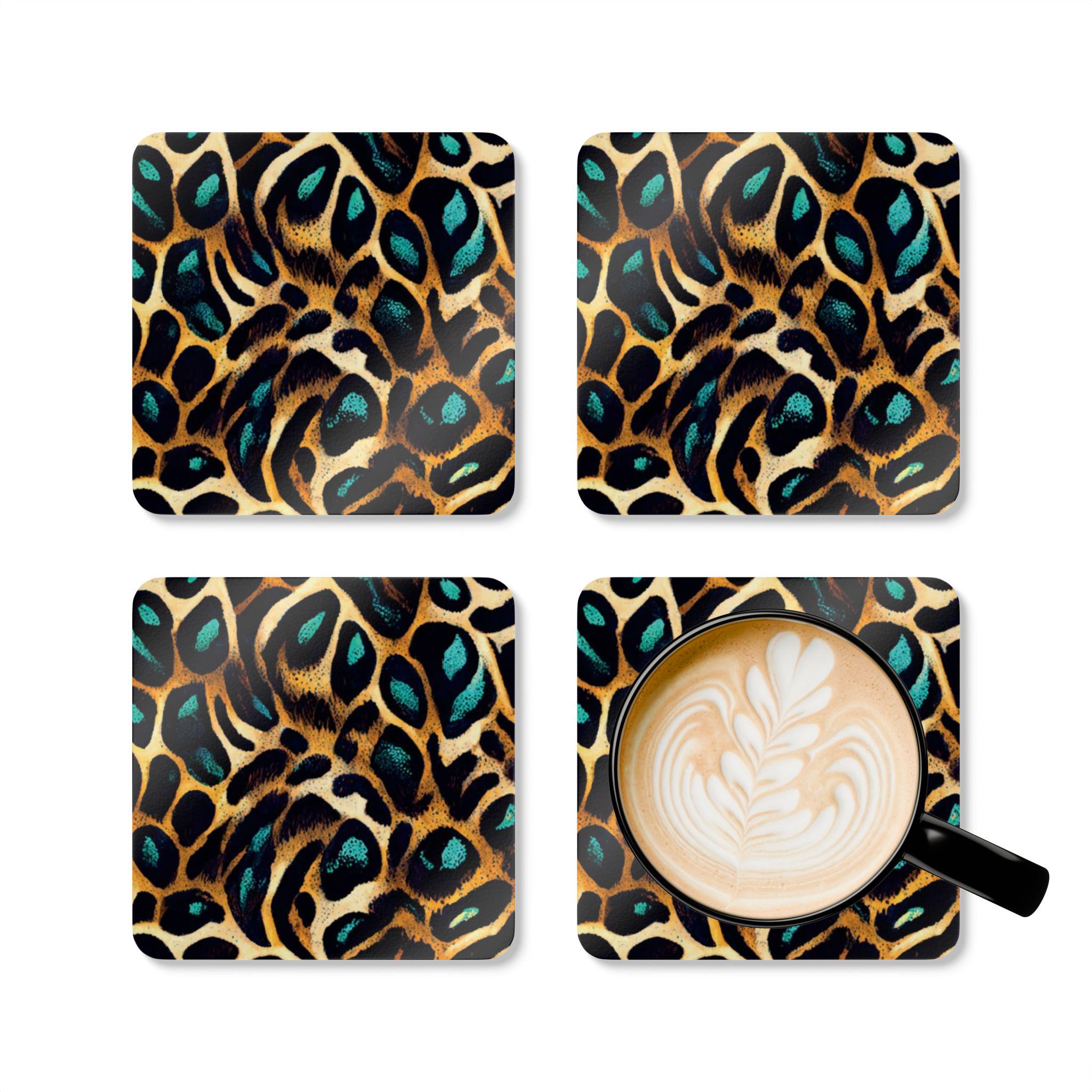Teal Leopard Print Cork Coaster Set | Animal Print Drink Coasters
