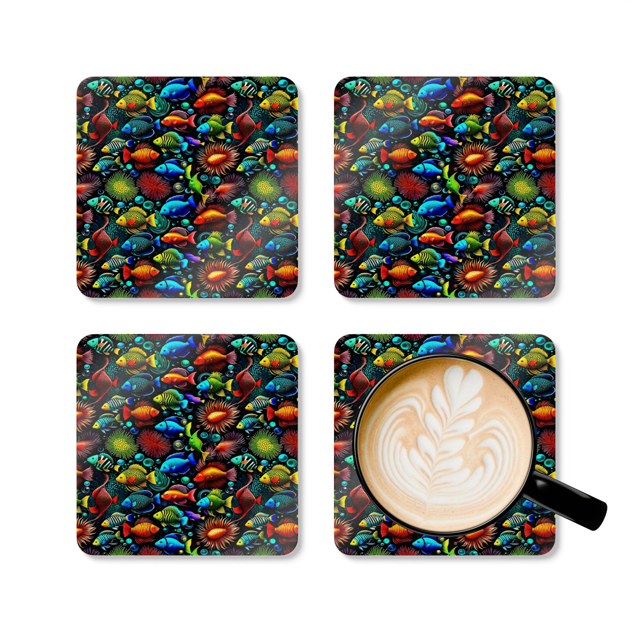 Colorful Tropical Fish Cork Coaster Set | Ocean Reef Pattern