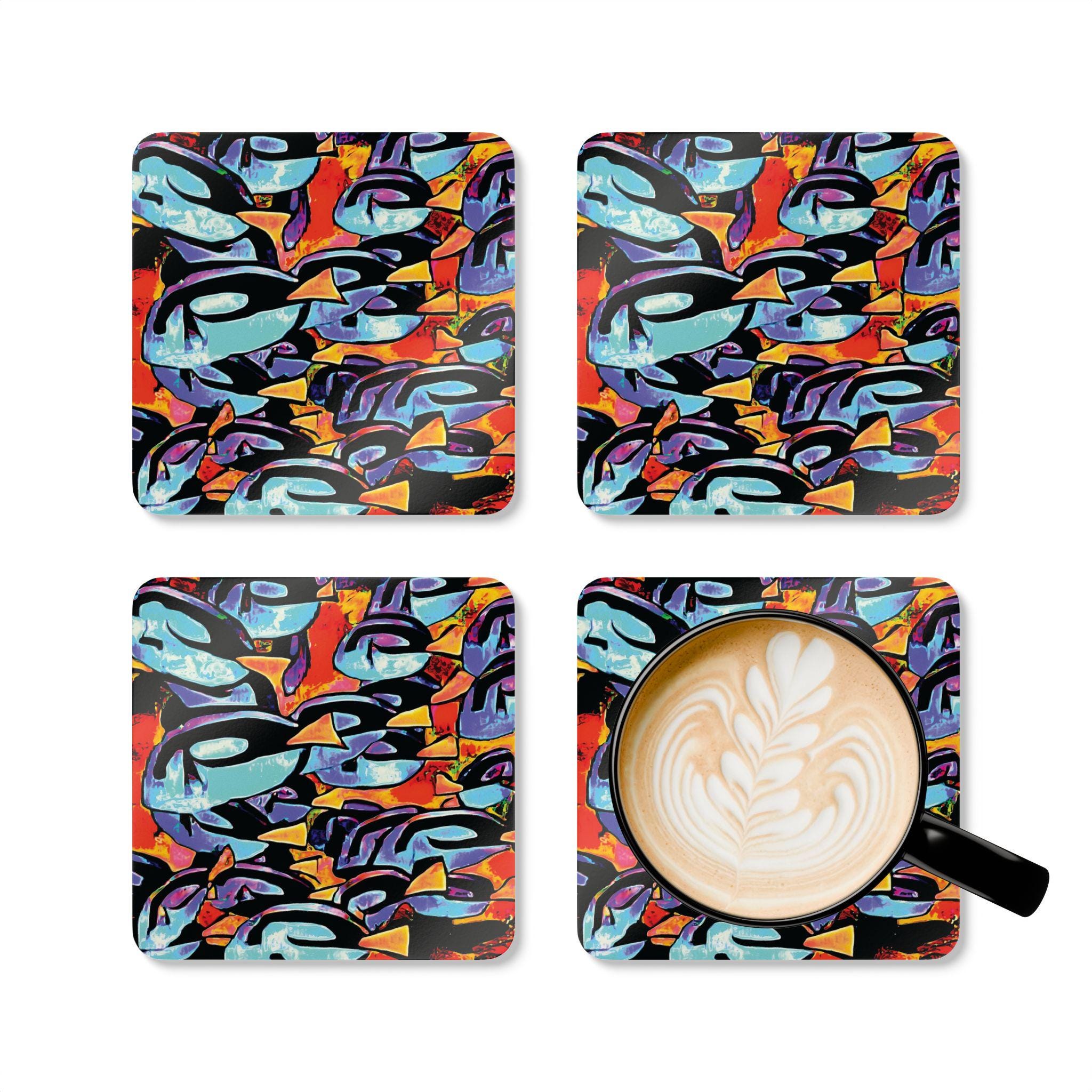 Blue Tang School Abstract Pattern Corkwood Coaster Set
