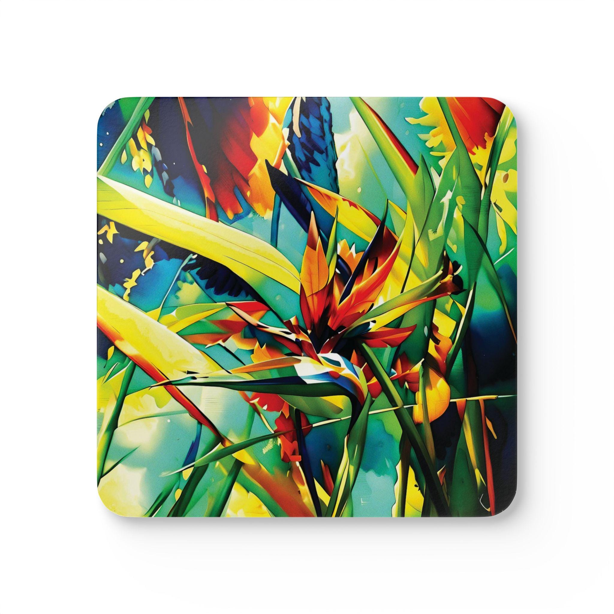 Tropical Bird of Paradise Cork Coaster Set | Colorful Floral Drink Coasters