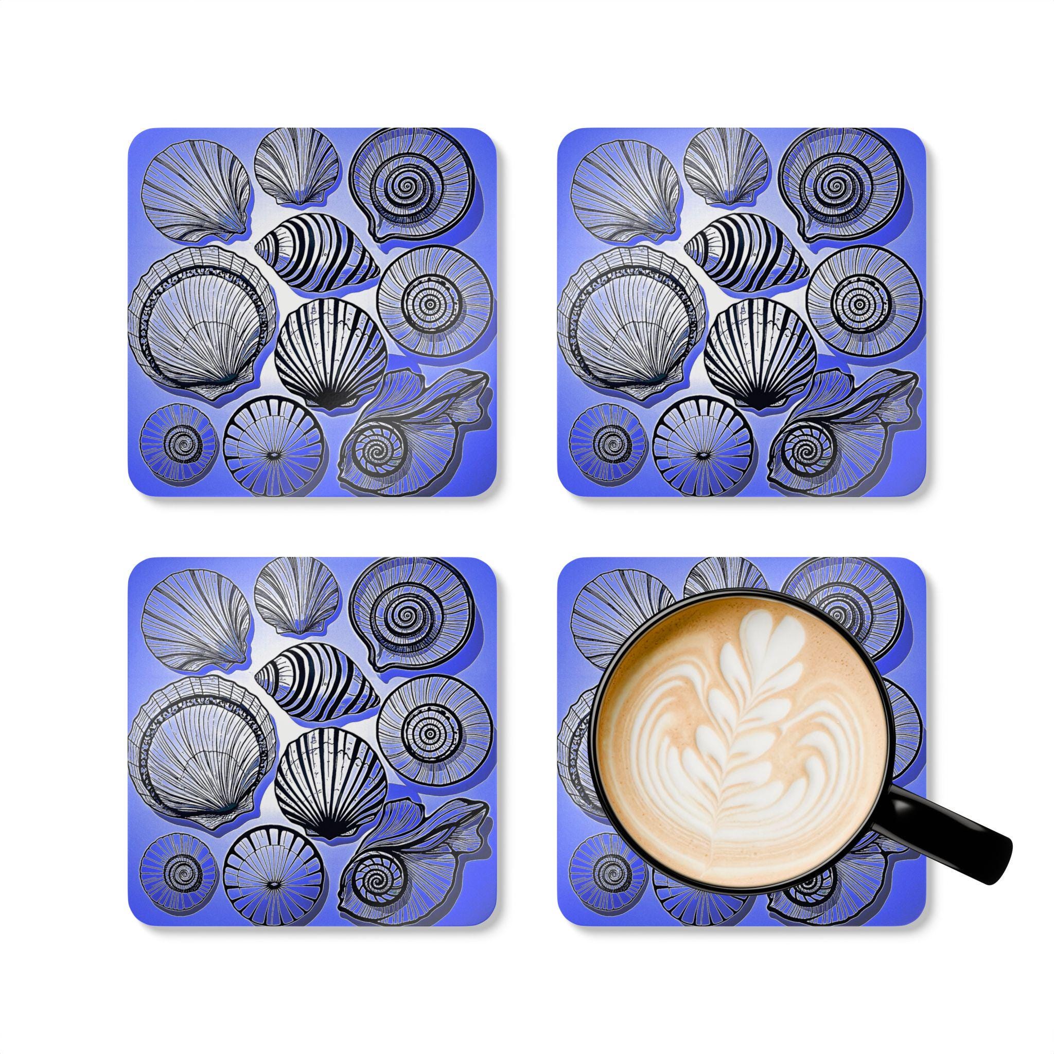 Blue Seashell Illustration Cork Coaster Set | Beach Shells Drink Coasters