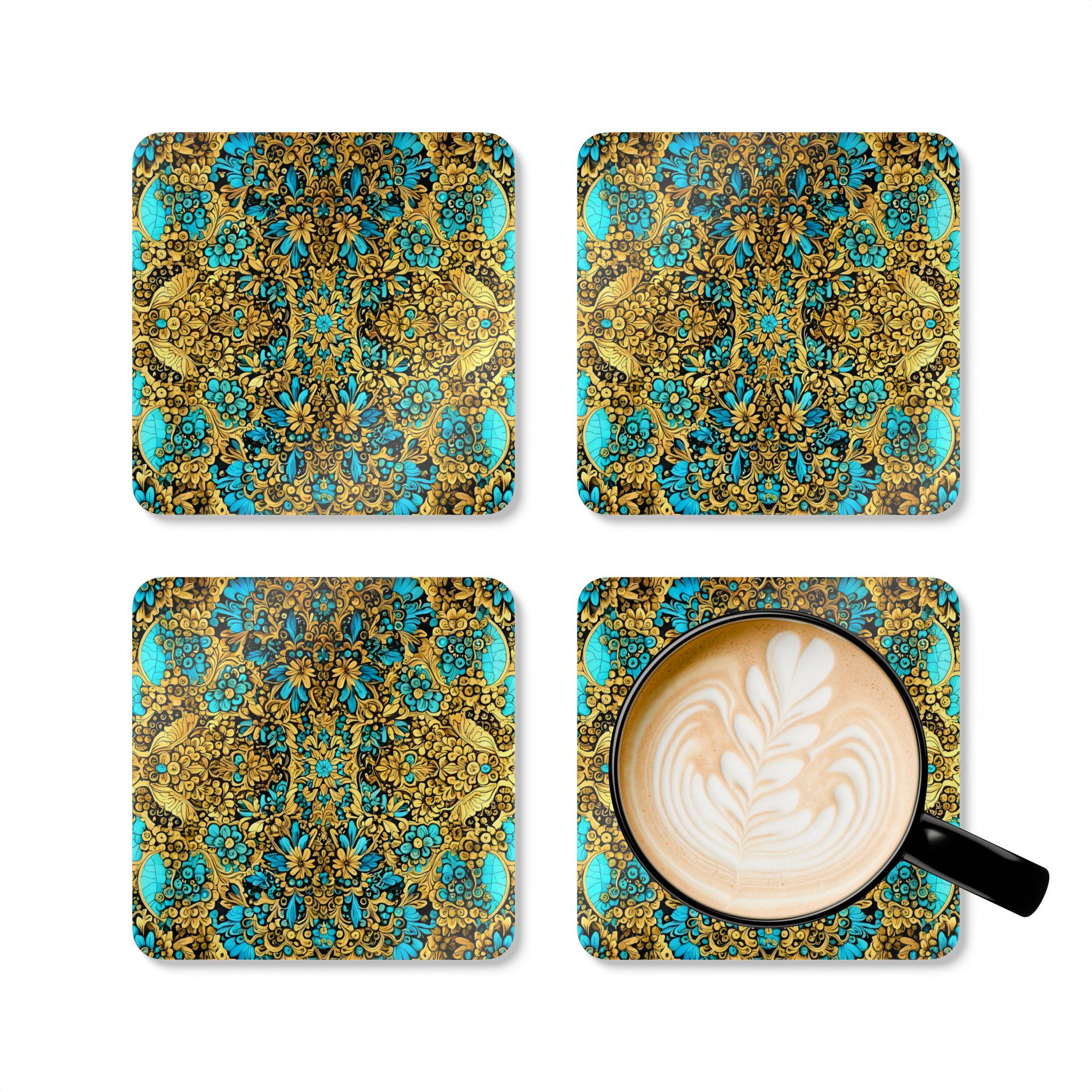 Teal Gold Floral Mandala Cork Coaster