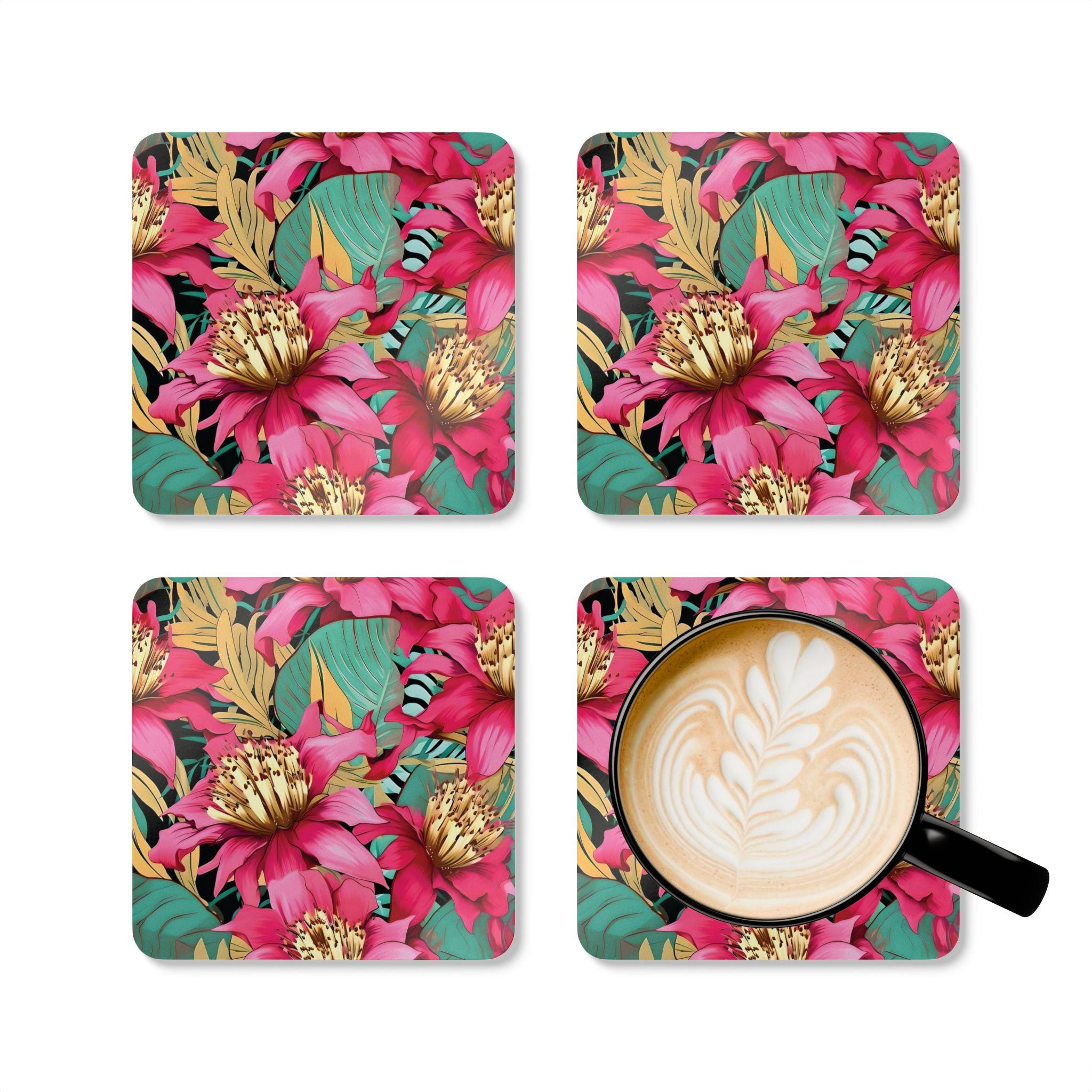 Pink Tropical Floral Cork Coaster Set | Square Corkwood Coasters