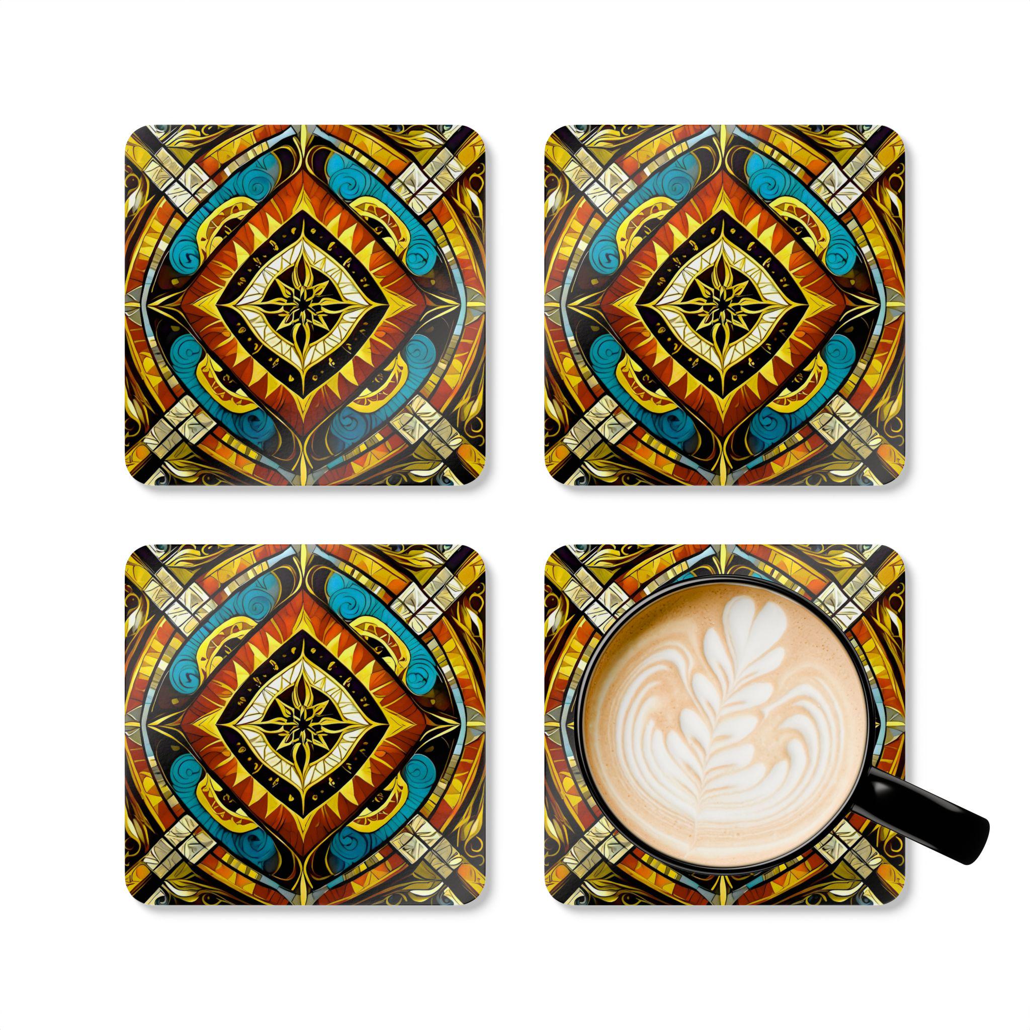 Geometric Boho Mandala Corkwood Coasters | Tribal Tile Drink Coaster Set