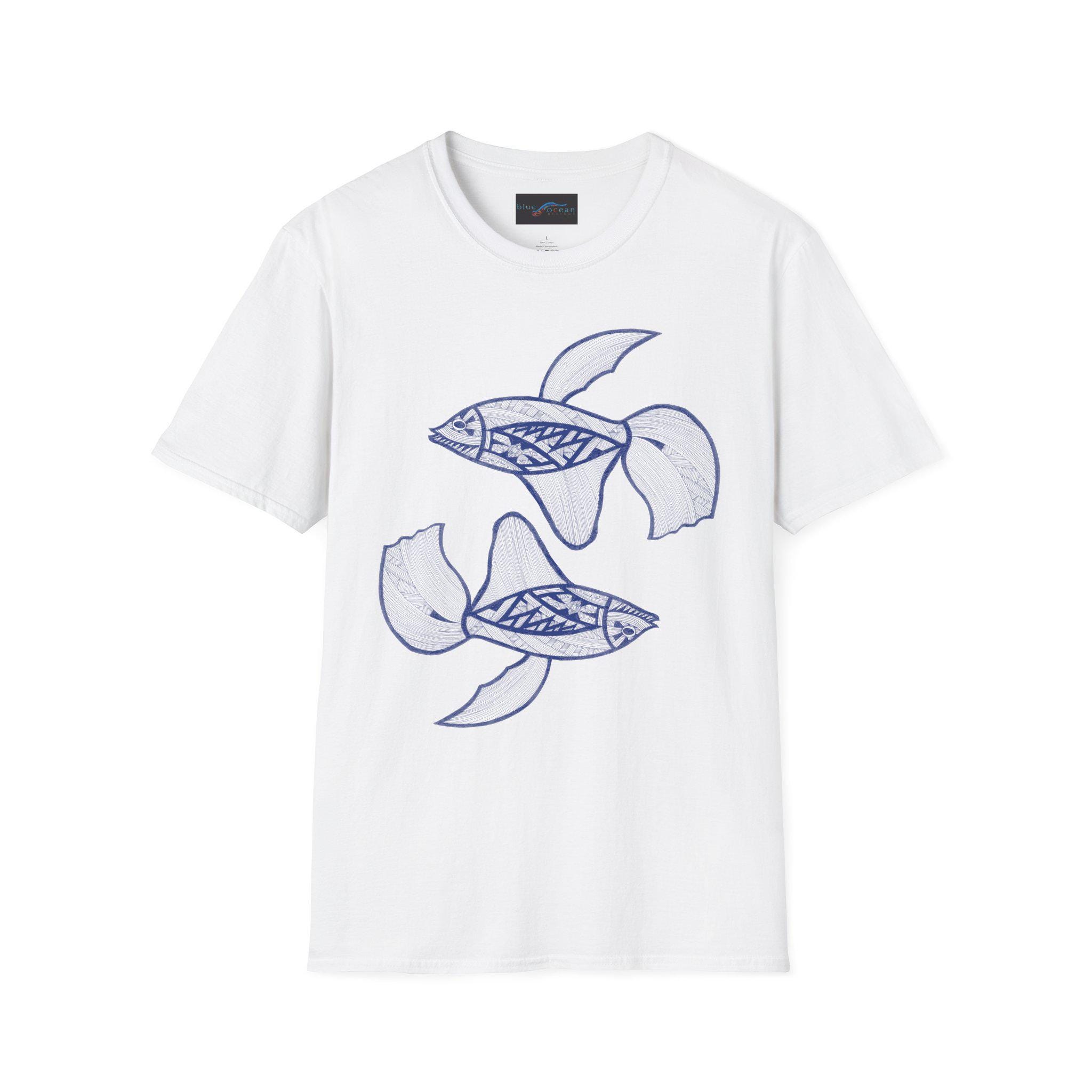 Hand-Drawn Koi Fish Illustration T-Shirt | Blue Line Art, Minimalist Aquatic