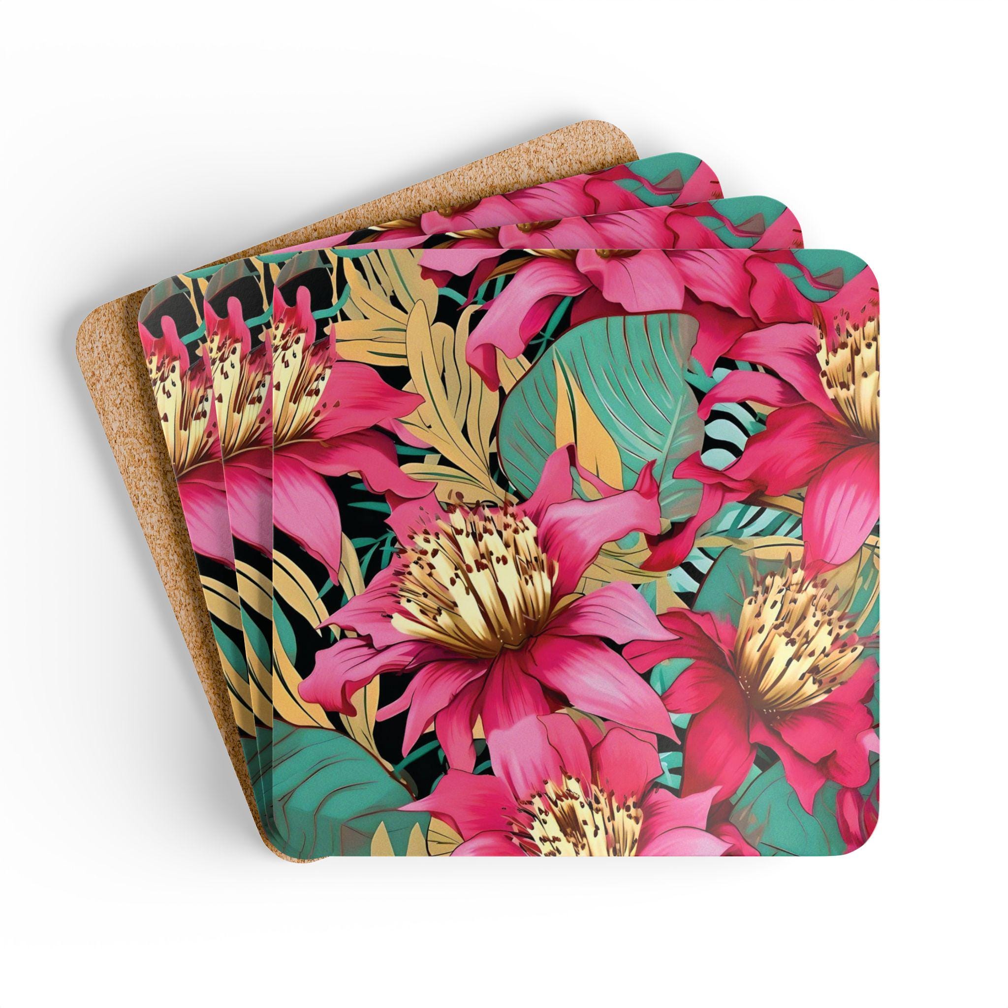 Pink Tropical Floral Cork Coaster Set | Square Corkwood Coasters