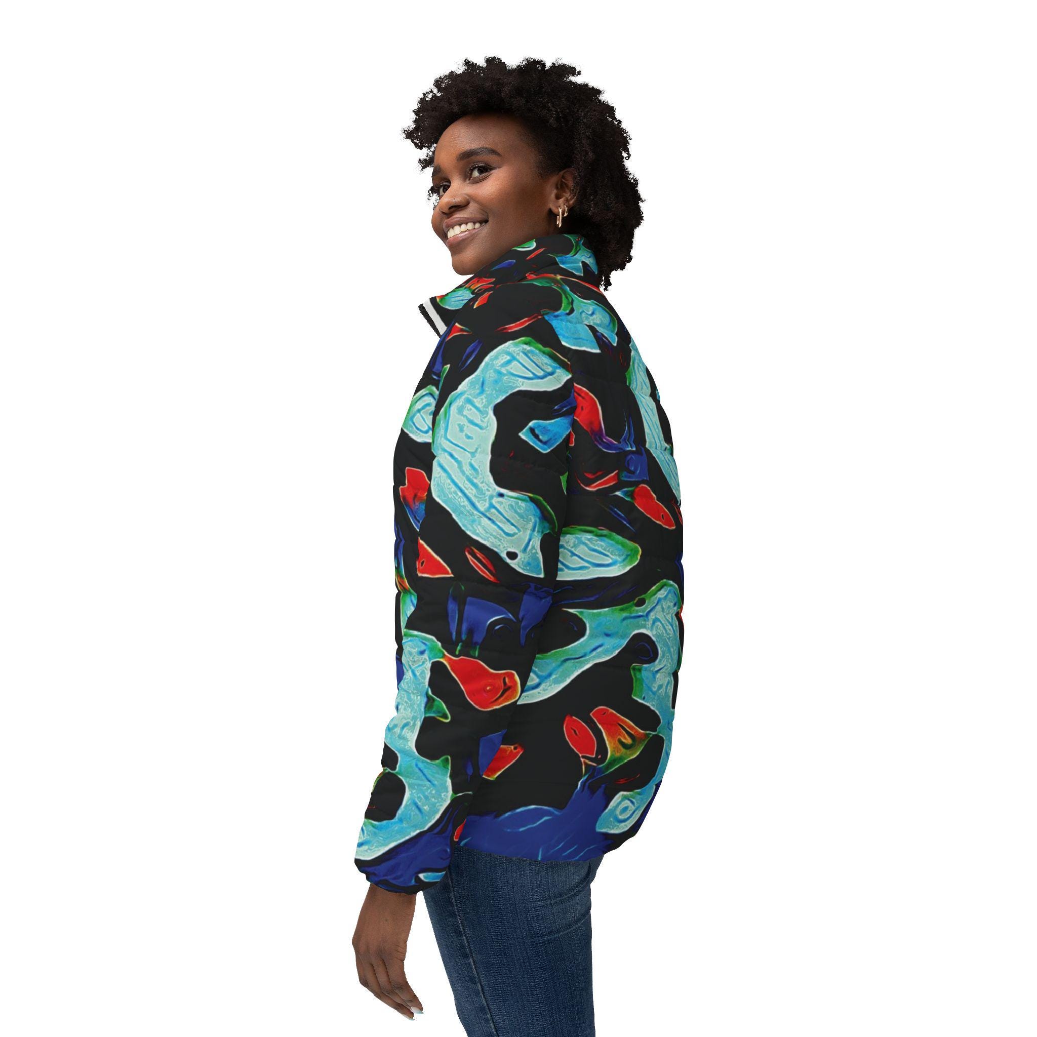 Abstract Ocean Waves Women’s Puffer Jacket — Colorful All-Over Print