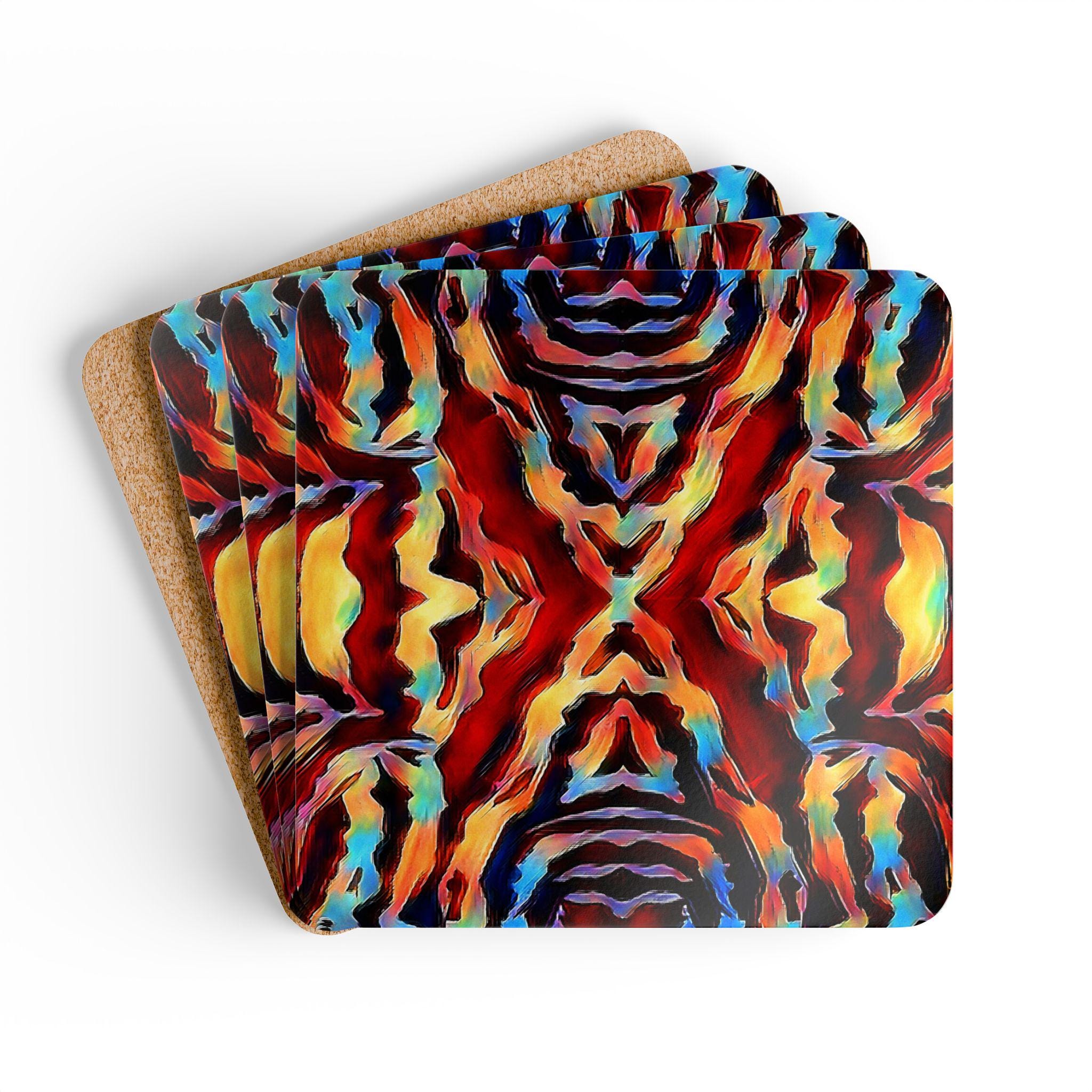 Abstract Kaleidoscope Pattern Cork Coaster Set | Colorful Geometric Drink Coasters