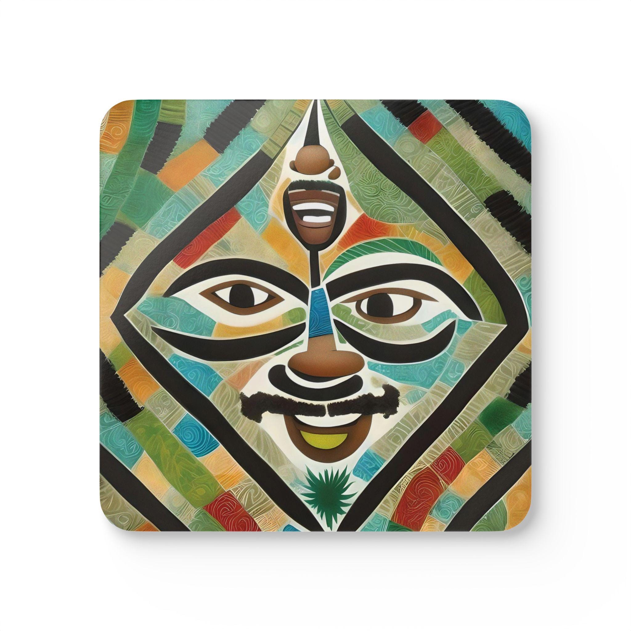 Abstract Tribal Mask Corkwood Coaster Set | Colorful Geometric Art