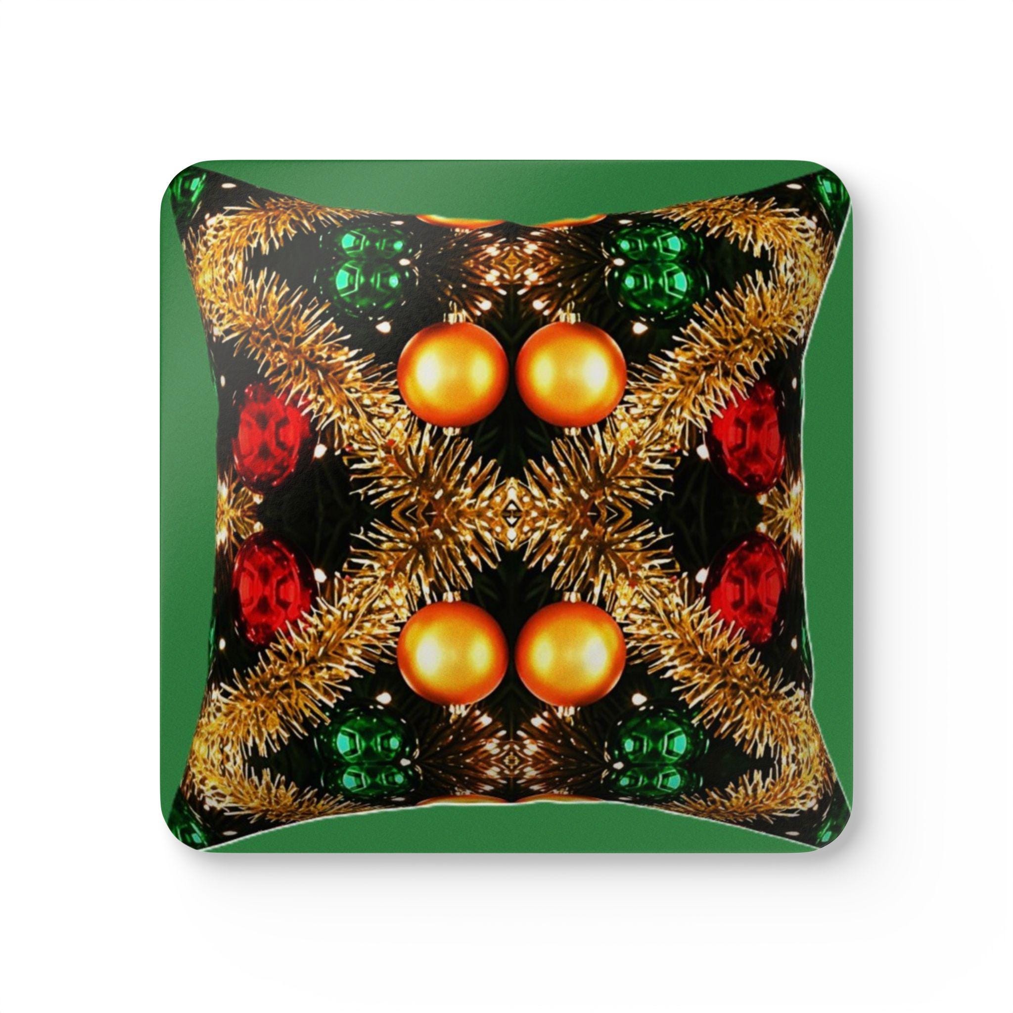 Christmas Ornaments Kaleidoscope Corkwood Coaster Set | Holiday Table Decor