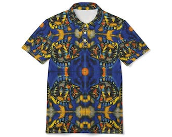 Blau Gold Kaleidoskop Polo-Shirt | Abstrakter geometrischer Allover-Print