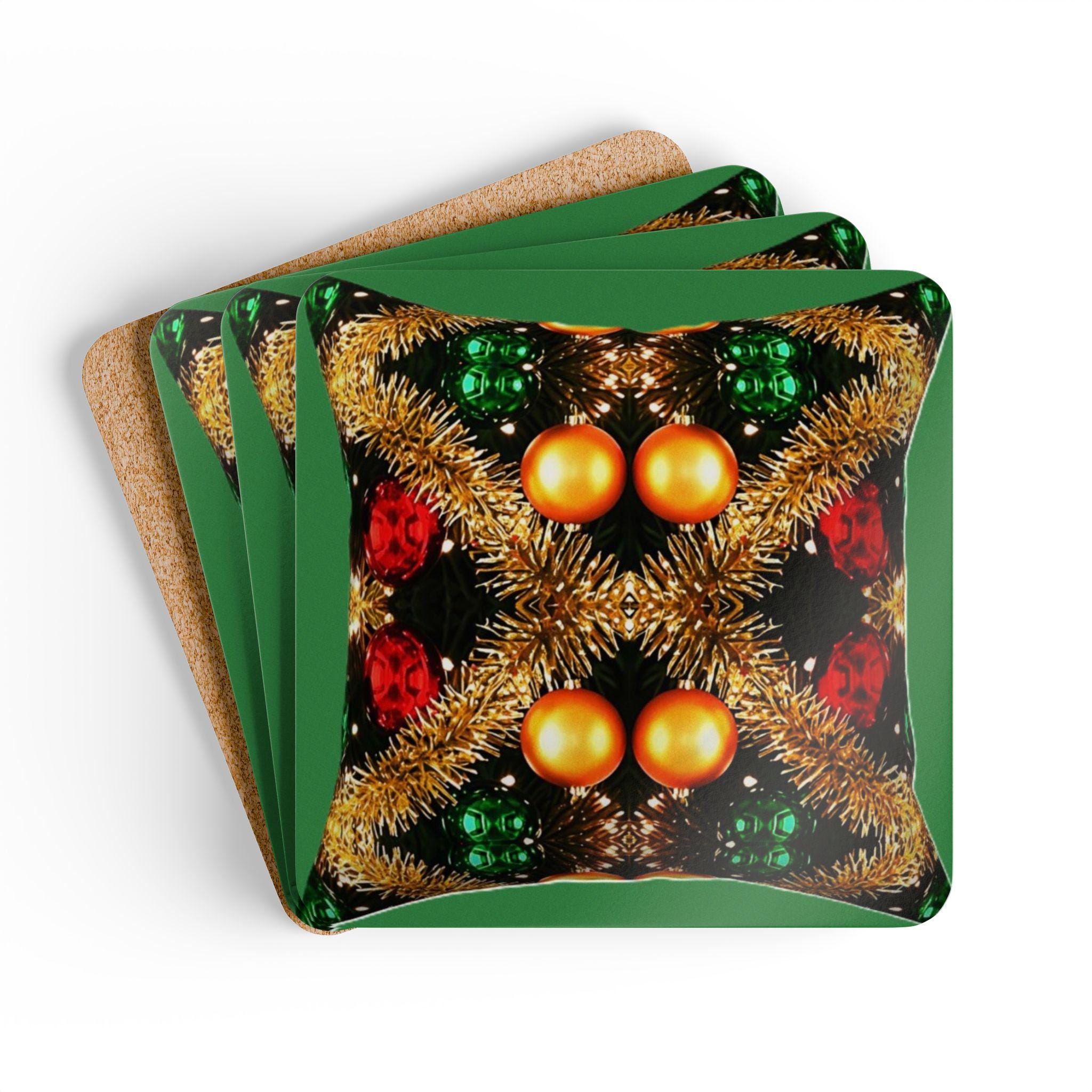 Christmas Ornaments Kaleidoscope Corkwood Coaster Set | Holiday Table Decor